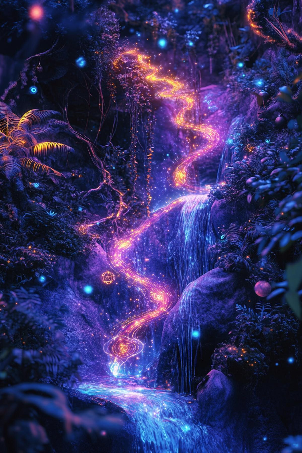 Kawaii Biocybernetic Mysticism | Plasma Vortex A luminous natural landscape with flowing waterfalls, combining botany, quantum mechanics of a kawaii dark cute rabbit with golden runes on its , and the organic vegetation of the magical planet Pandora | Ethereal space with floating spheres and particle streams | Close-up macro photography with intertwining branches and forest vegetation in constant motion | Bioluminescent glow with electric arcs, inner glow and prismatic refractions | Natural paths; spirals; crystalline formations