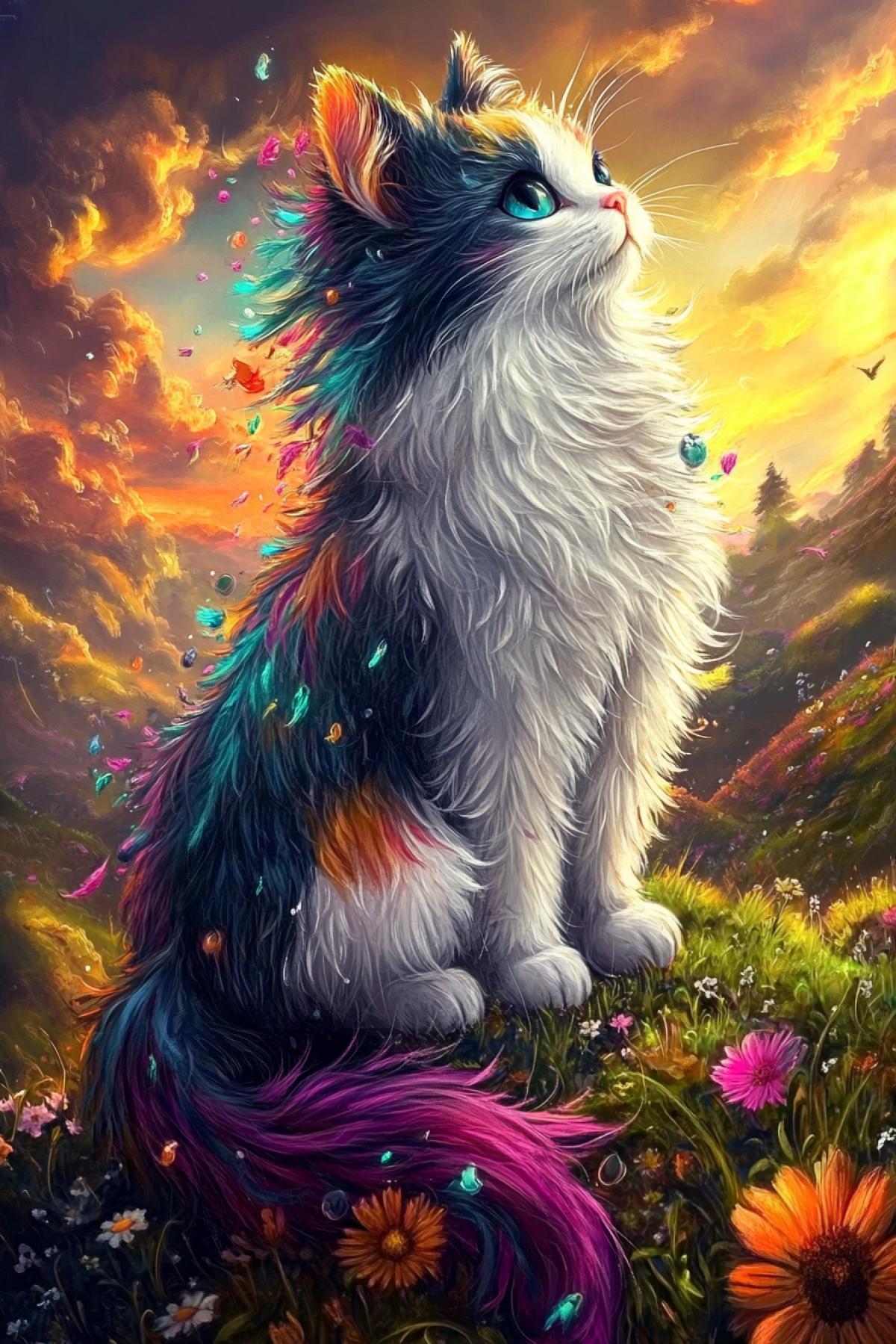 anime, rocks of the planet Pandora, islands hanging in the air with a magical forest, rain, wind, style. Endre Penovac. blur, dawn, tornado, field of purple with pink gerberas,. sfumato, minimalism, light grunge. An elegant, charming motley cat. From the tail of the fluffy one, long hair and curls are built high up, from the tail of the meow, multi-colored long fluffy curls burst out in a whirlwind in the sky, large blue shiny grizzly eyes.. pointillism, fur, paper, wax pencils, veil, movement, wind, abstraction, volumetric barrel. Sketch with a palette knife in oil on rough paper