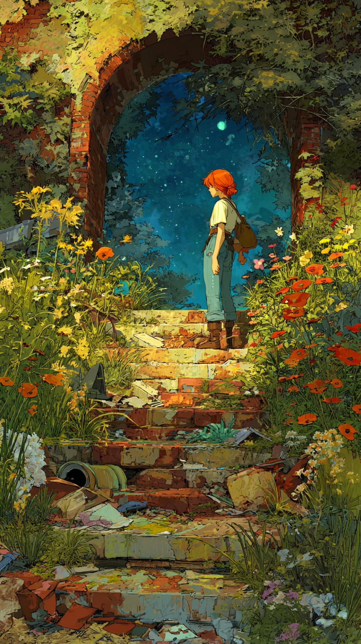 A redhaired girl with canapons goes among a dump of garbage up the stairs to a portal in a flowering garden with flowers of unearthly beauty, the border between a landfill and a garden