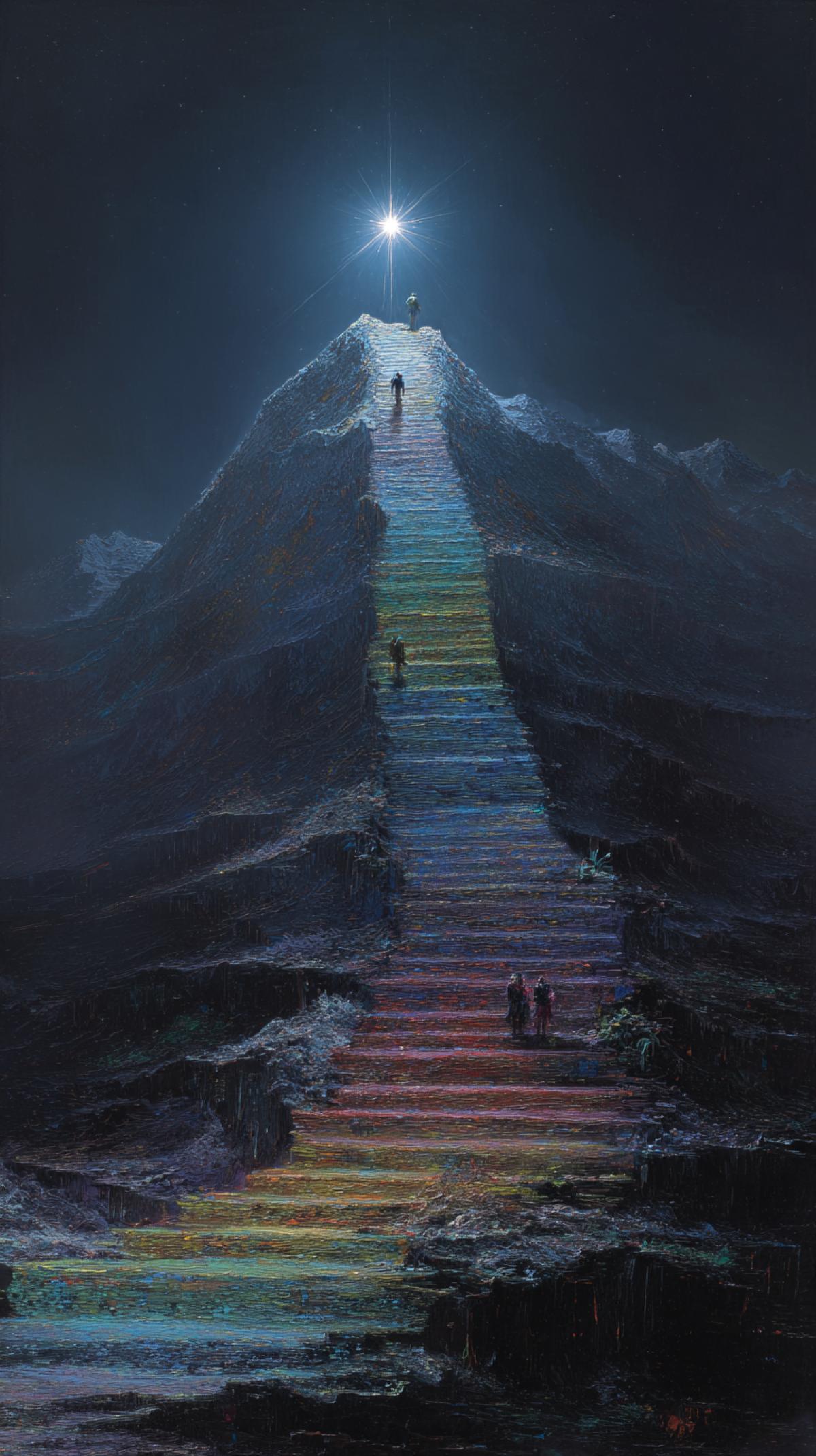 Mountain with luminous, multicolored steps leading to the top. A bright star glows over the top and illuminates the entire scene. Night. You can see two people climbing this ladder to the illuminated peak. The scene is fixed in high resolution, demonstrating complex details and bright colors, which emphasize both the natural beauty of the landscape and its unique lighting effect. The scene of the paint is magnificent. Photorealistic image