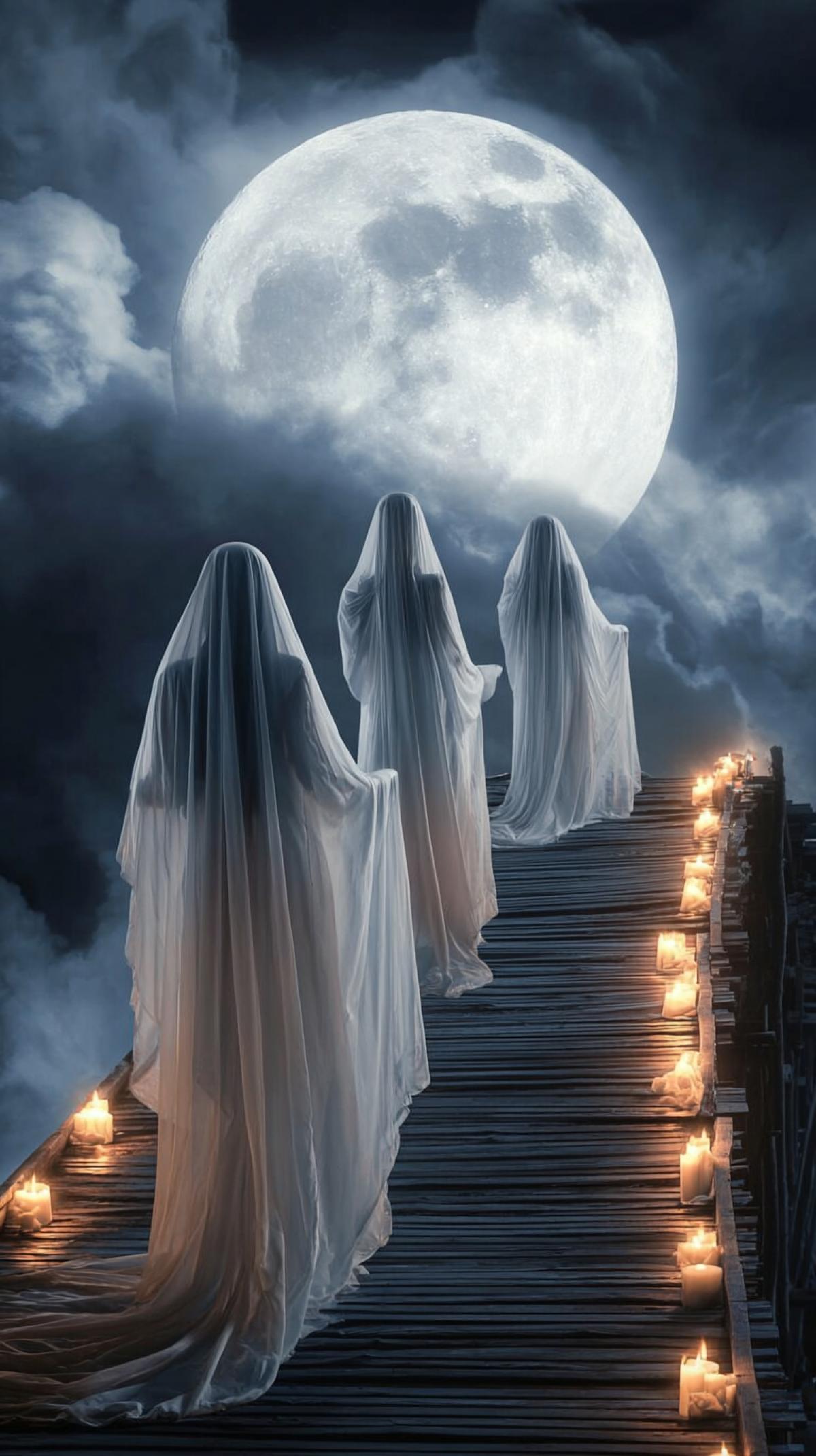 Three beautiful girls are dressed in silk veils and long white dresses, white silk veils on their heads, go along a long wooden bridge lit by burning candles that stand along the entire bridge. They go to a big moon hanging high above them. The full, round, bright, silver moon is surrounded by dark lush clouds, with a burning light behind it. Night, the moon illuminates the whole space. Highquality photograph.