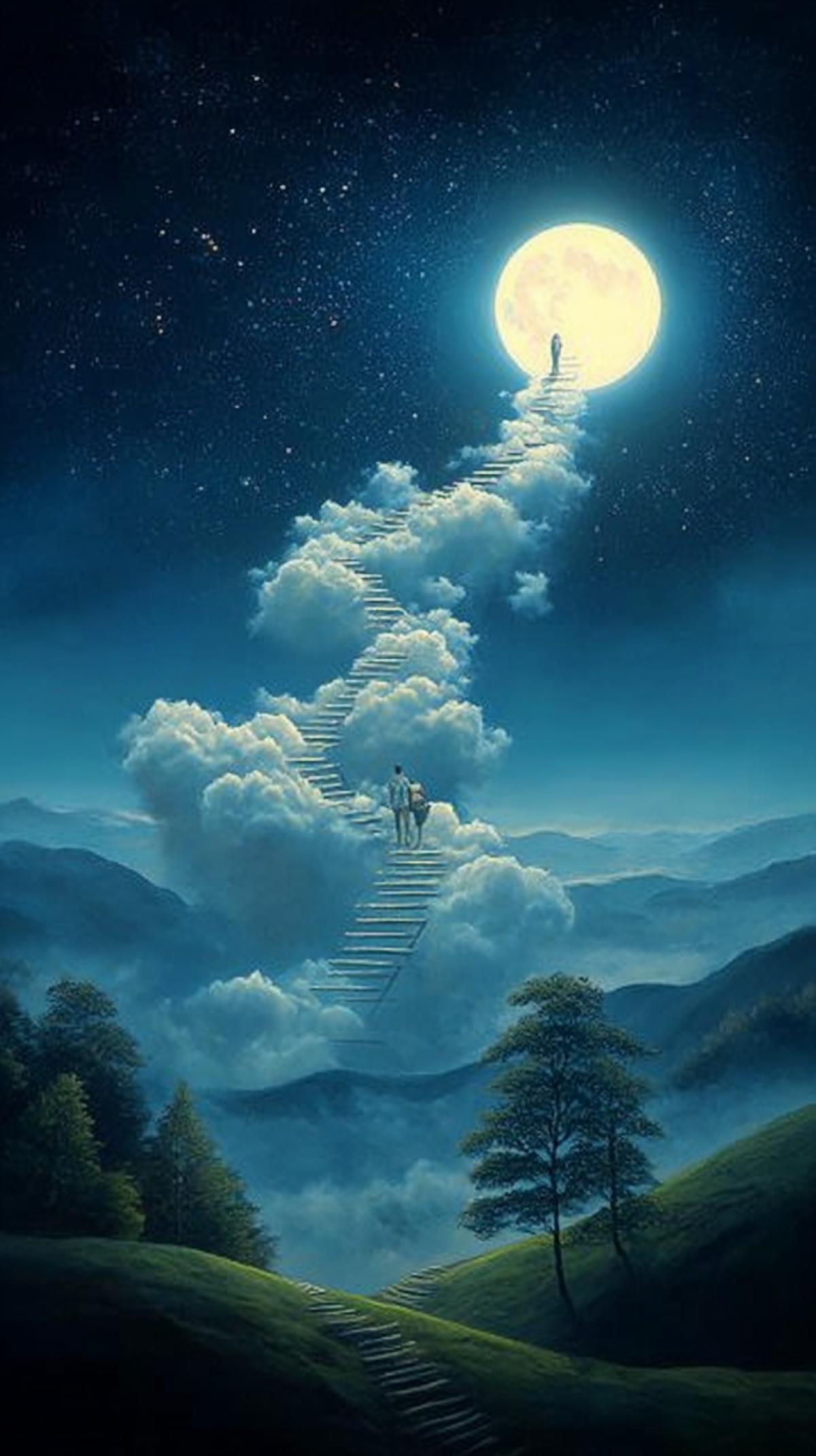 The painting depicts a mysterious night, where. a bright moon shines in a cloudless sky,. illuminating the world around it with a soft light.. In the distance, a staircase made of clouds stands out,. leading directly to the moonlight.. The staircase curves gracefully, creating a sense of. magic and mystery. Below, a landscape filled with. green hills and tranquil trees seems to be guarding. the path. A light mist surrounds the scene, adding. an air of mystique to the painting. The sky is. dotted with stars that twinkle, as if. emphasizing the importance of this path. In the distance, one can. see the silhouettes of people striving to. climb towards the moon, symbolizing the pursuit of. dreams and the unknown. This scene is filled with. hope and inspiration, inviting the viewer to. contemplate the endless possibilities.