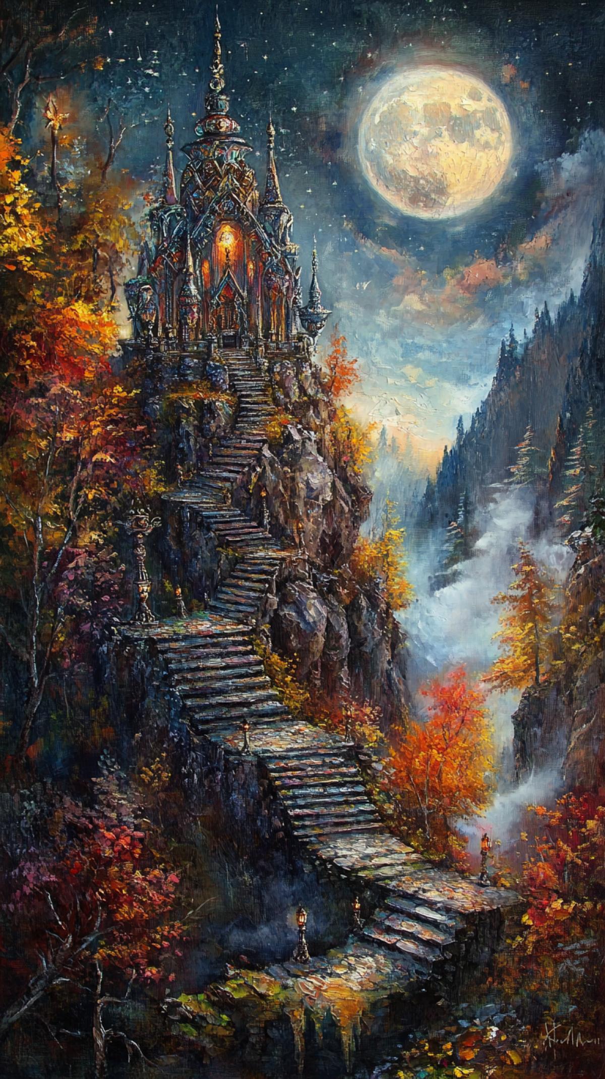 Detailed oil painting in dark fantasy style, autumn, pine trees. High cliff, Shambhala temple, magical round with laid out mosaic, with sparkling hanging cubic zirconia, bright, fluttering in the wind long multi-colored ribbons, bells, on the edge of the cliff, forest below, view from above from the cliff, bridge, steps to the temple. Night, moon. Mountain fog, hyperrealistic image with cinematic volumetric lighting, ultra-detailed textures and high resolution.