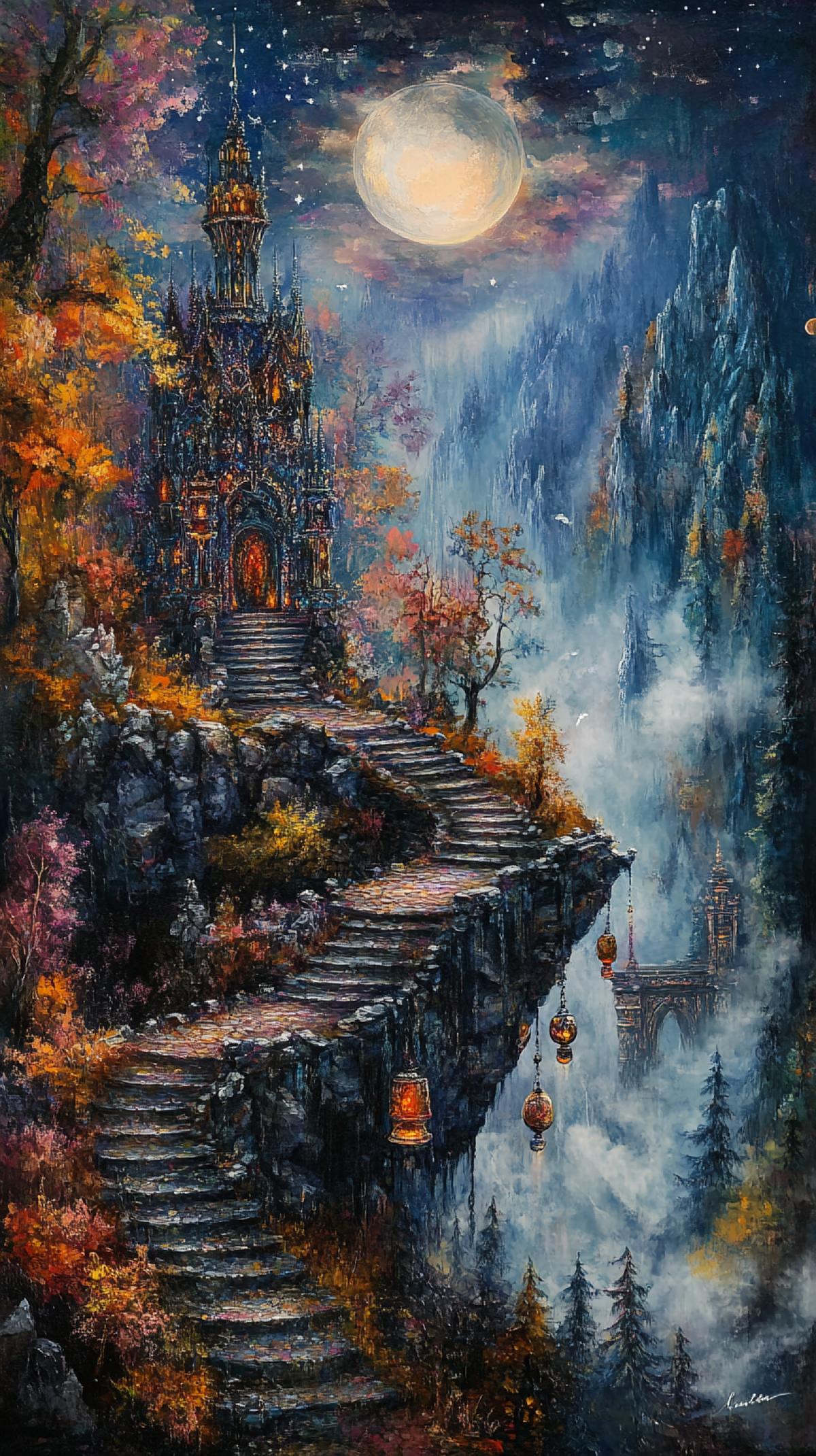 Detailed oil painting in dark fantasy style, autumn, pine trees. High cliff, Shambhala temple, magical round with laid out mosaic, with sparkling hanging cubic zirconia, bright, fluttering in the wind long multi-colored ribbons, bells, on the edge of the cliff, forest below, view from above from the cliff, bridge, steps to the temple. Night, moon. Mountain fog, hyperrealistic image with cinematic volumetric lighting, ultra-detailed textures and high resolution.