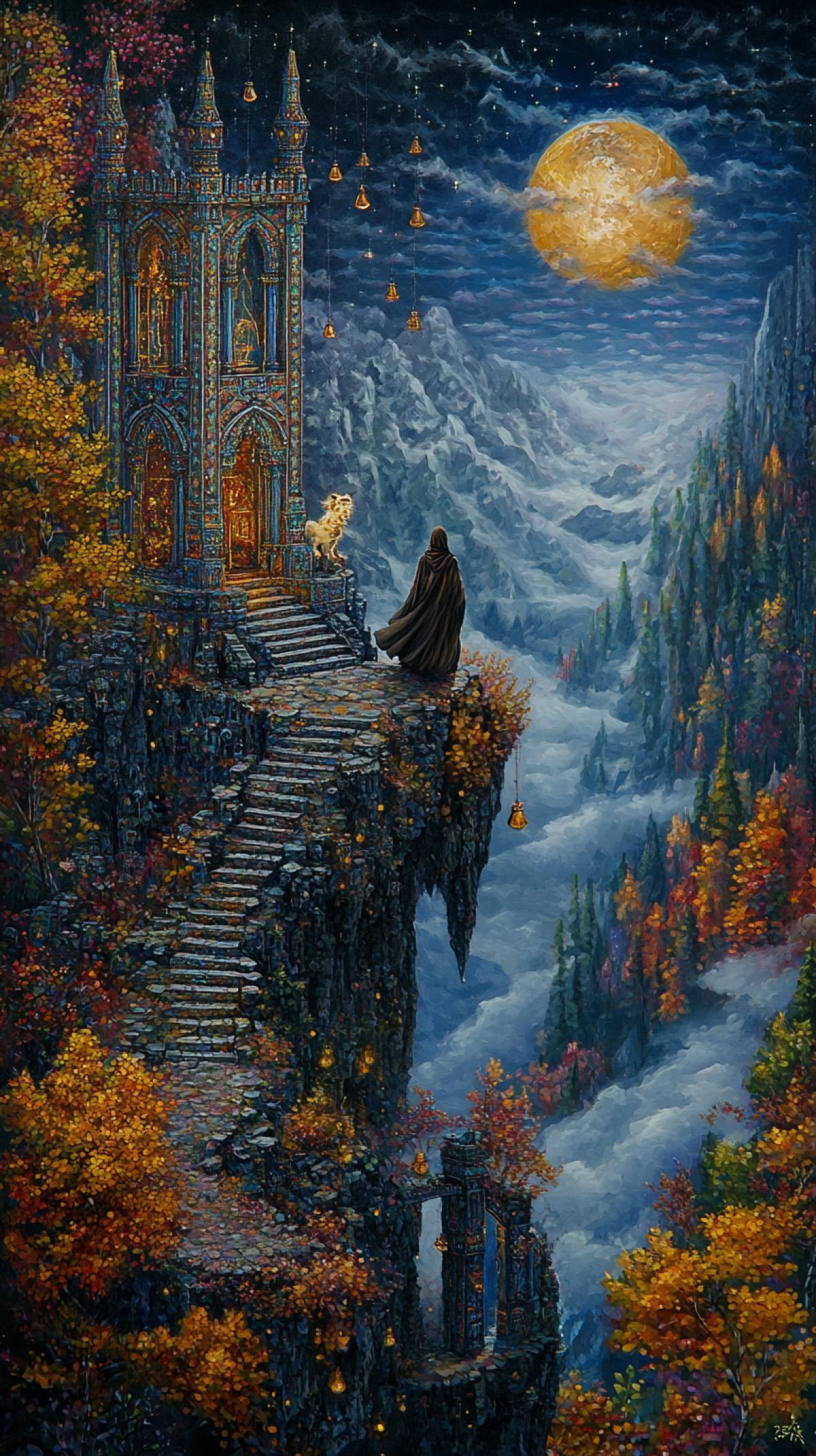 Detailed oil painting in dark fantasy style, autumn, pine trees. High cliff, Shambhala temple, futuristic, with laid out mosaic, sparkling hanging cubic zirconia, bright, fluttering in the wind long multi-colored ribbons, bells, on the edge of the cliff, forest below, view from above from the cliff, bridge, steps to the temple. A traveler in a dark cloak and a large shaggy white dog are climbing the steps. Night, moon. Mountain fog, hyperrealistic image with cinematic volumetric lighting, super-detailed textures and high resolution.