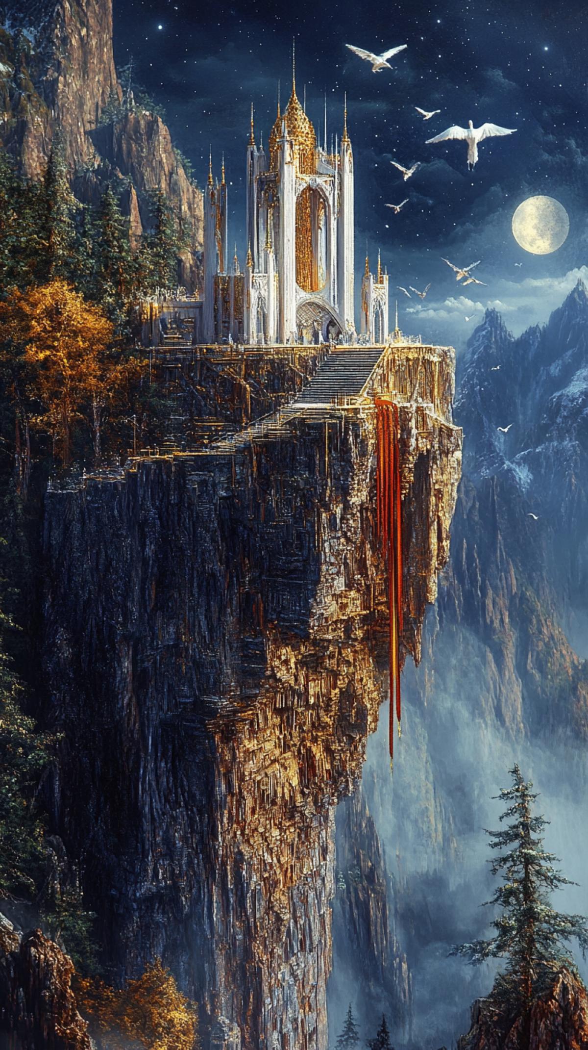 Detailed oil painting in dark fantasy style, autumn, pine trees. High cliff, white temple of Shambhala, futuristic, with laid out gilded mosaic, sparkling hanging cubic zirconia, bright, fluttering in the wind long multi-colored ribbons, bells made of hyacinth, on the edge of the cliff, forest below, view from above from the cliff, bridge, steps to the temple. A traveler in a white cloak fluttering in the wind climbs the steps. Night, moon. Mountain fog, flying white cranes with red hozolkami, hyperrealistic image with cinematic volumetric lighting, super-detailed textures and high resolution.
