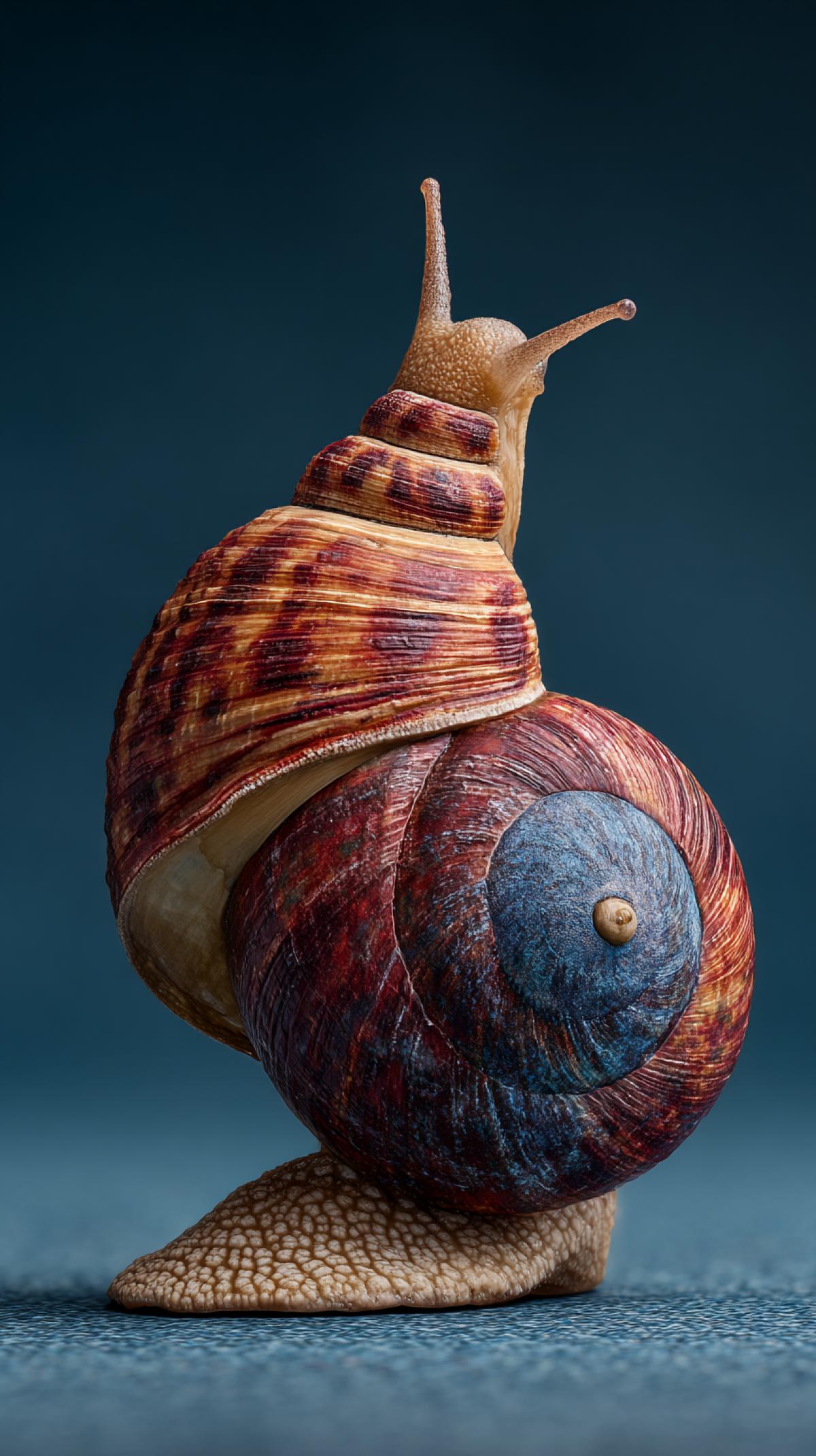 Imagine a shell that does not happen in nature. Generate the image of the shell on the snail, which differs in shape, material, color from the usual ones.