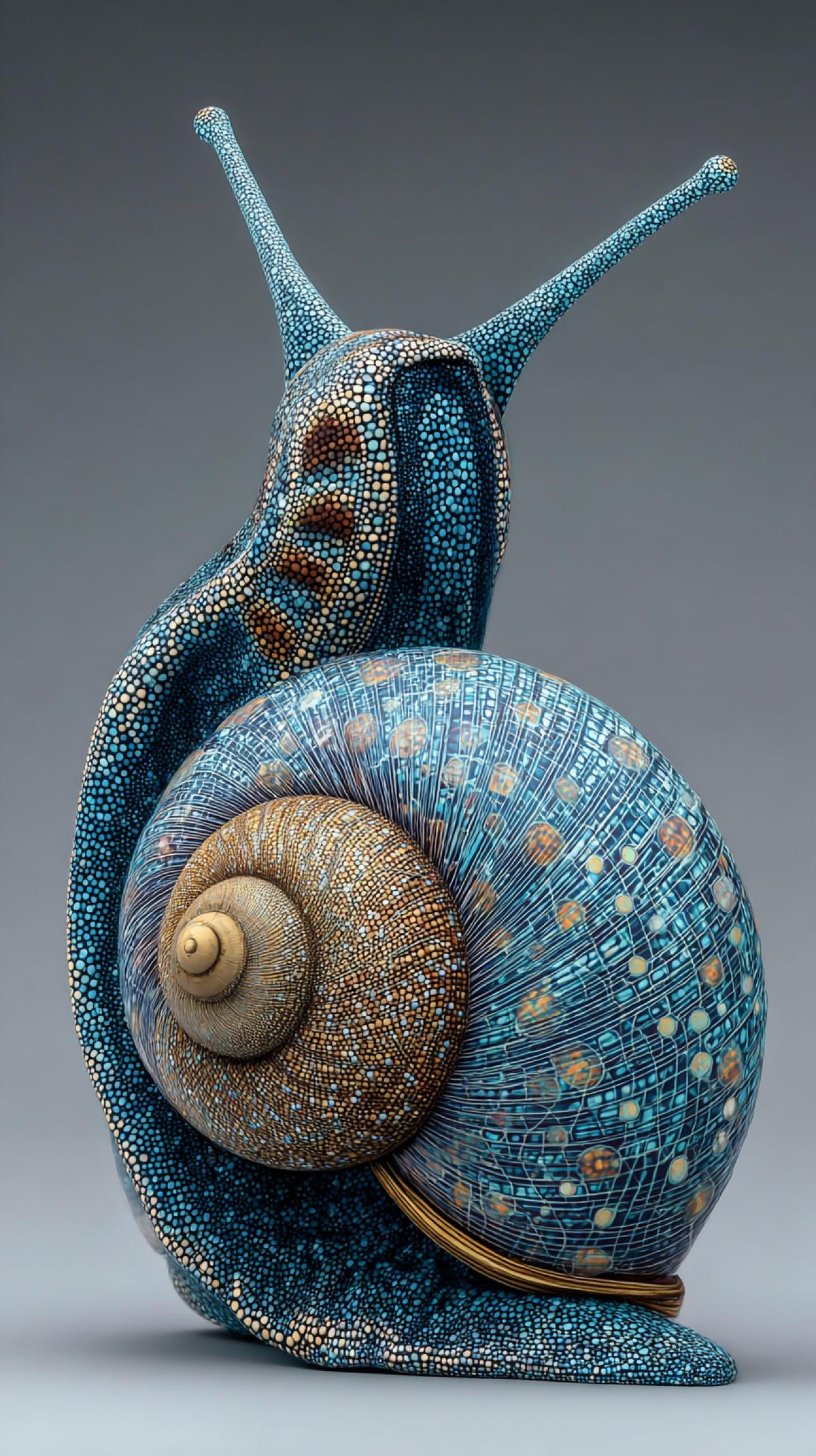 Imagine a shell that does not happen in nature. Generate the image of a shell on a snail or another animal, differing in shape, for example round, material, color, for example, in the form of any fabric or painting.