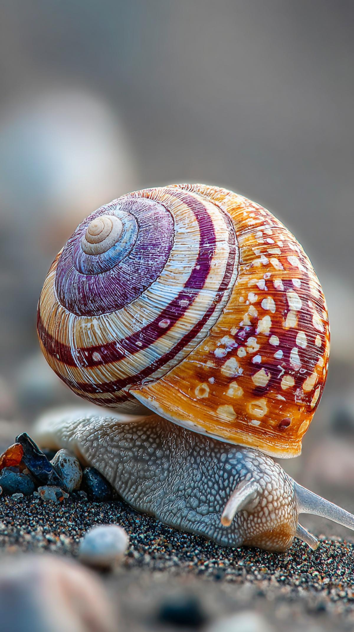 Imagine a shell that does not happen in nature. Generate the image of a shell on a snail or another animal, differing in shape, for example round, material, color, for example, in the form of any fabric or painting.