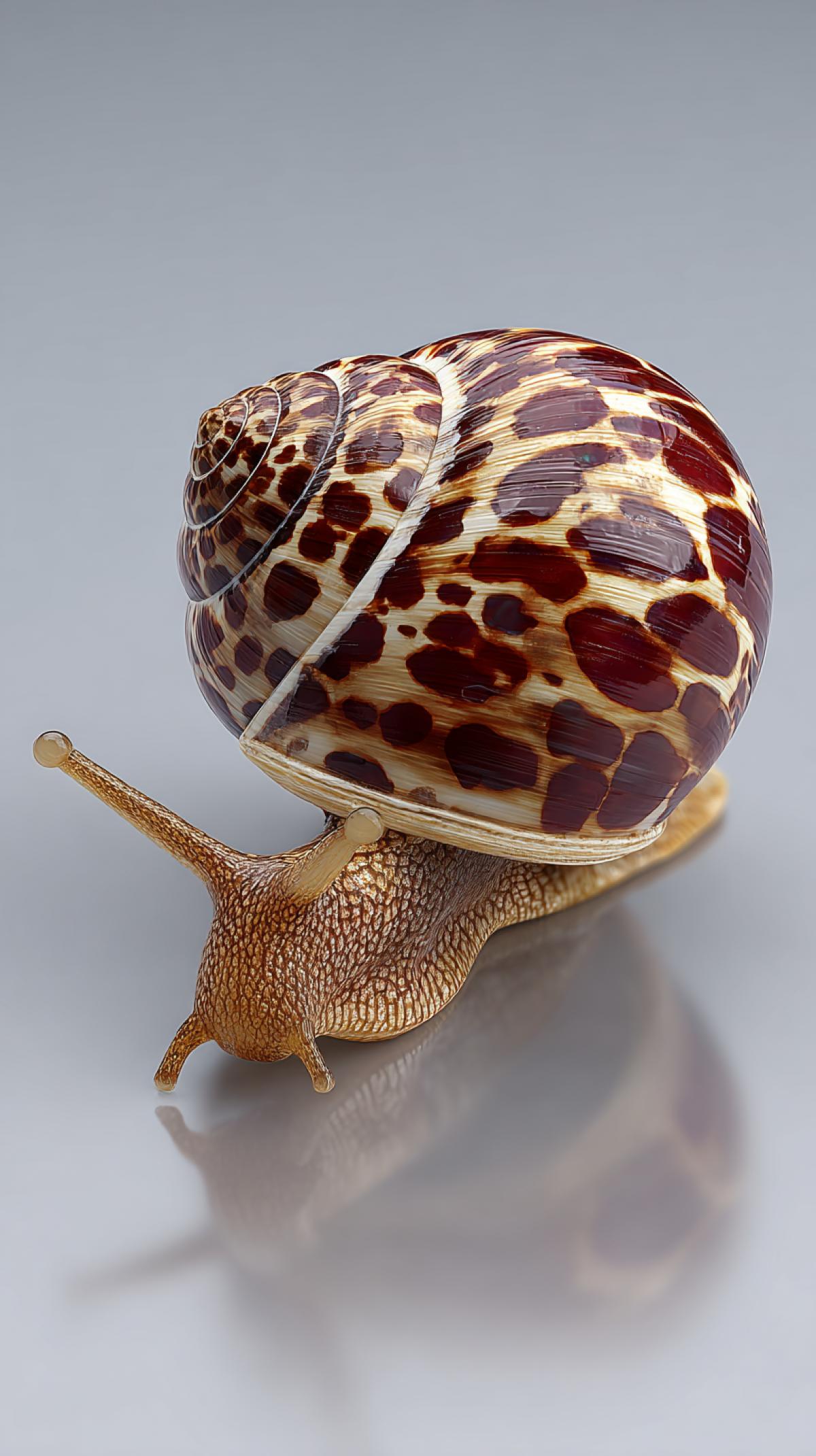 Imagine a shell that does not happen in nature. Generate the image of a shell on a snail or another animal, differing in shape, for example round, material, color, for example, in the form of any fabric or painting.