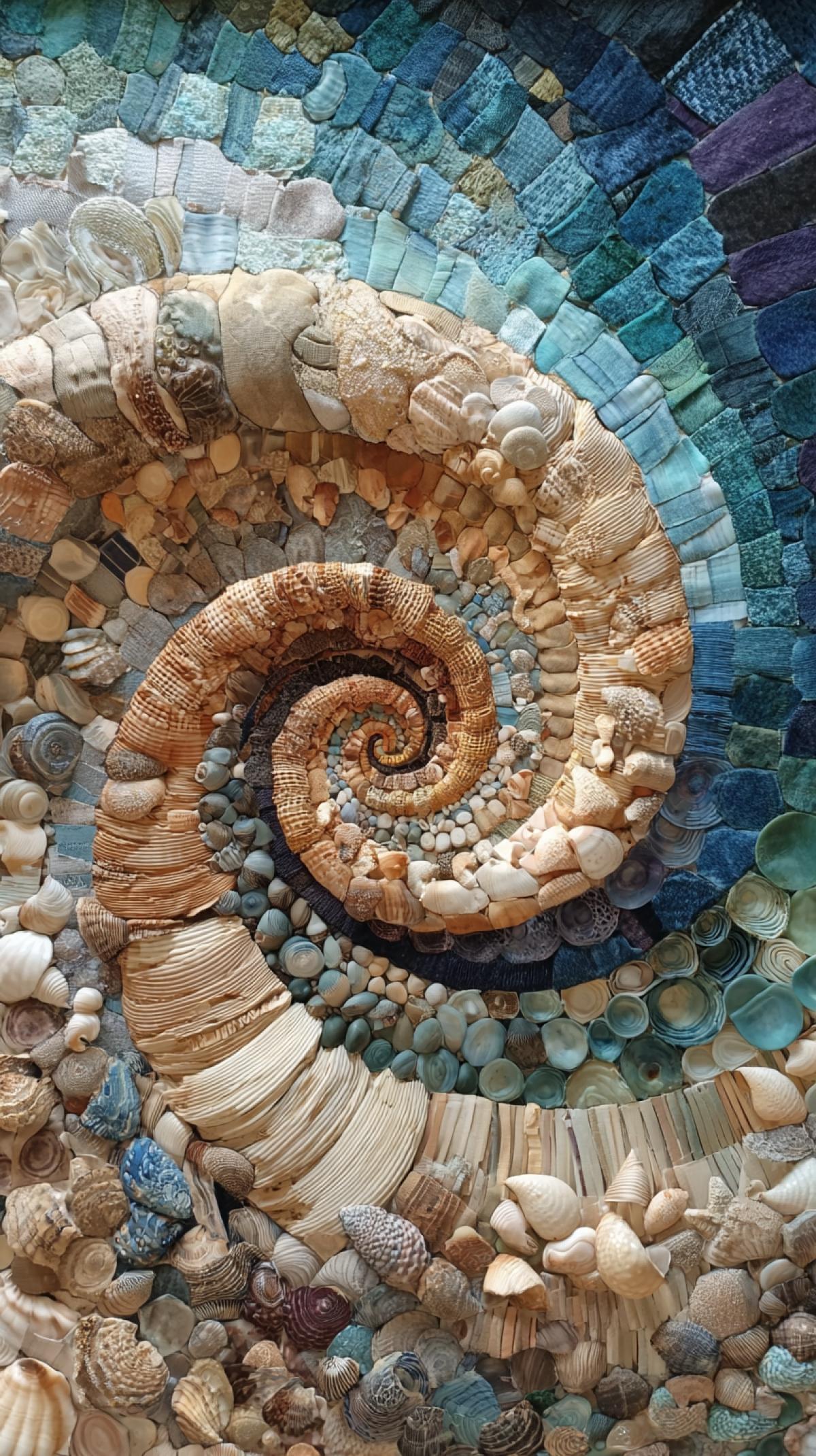 Imagine a shell that does not happen in nature. Generate a shell collage that differs in shape, for example round, material, color, for example, in the form of any fabric or painting.