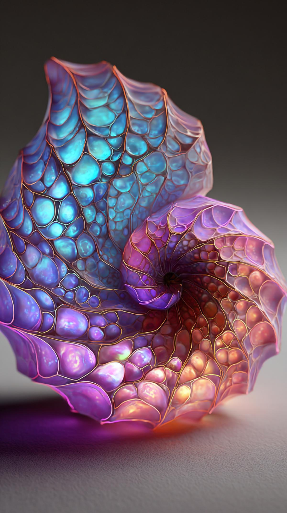 Imagine a shell that does not happen in nature. Generate shells that differs in shape, for example round, material, color, for example, in the form of any fabric or painting in Neon