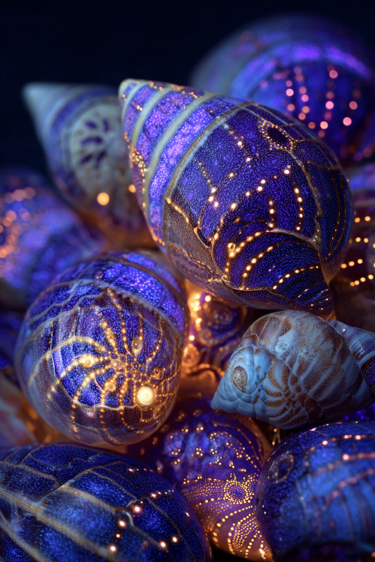 Surrealistic shells glowing in the dark, with patterns resembling star clusters and nebulae. Overflow of blue, purple and gold. Macrophotography, high detail, magical glow, fantastic underwater world