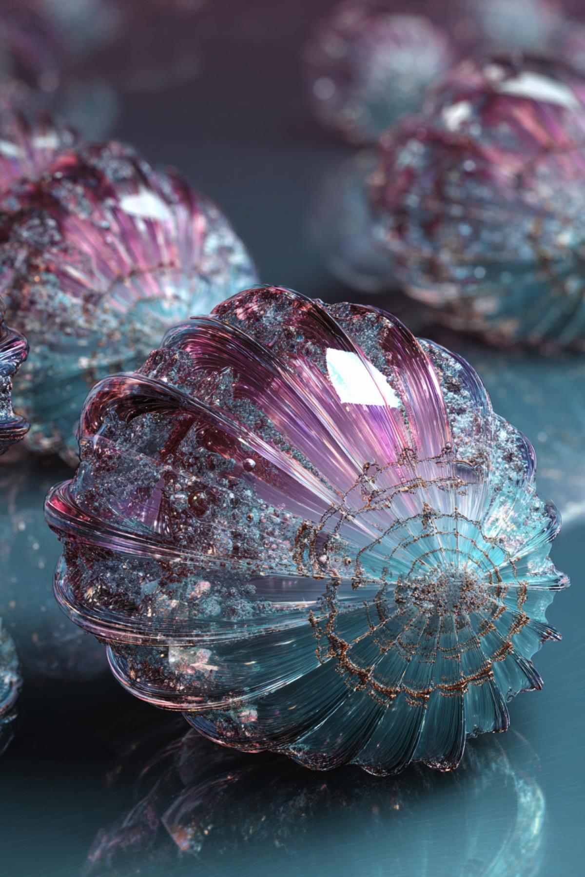 Futuristic shells covered with transparent crystals and complex fractal patterns. Glass texture, refraction of light, overflow of pink, turquoise and silver. Bio-art style, sci-fi aesthetics