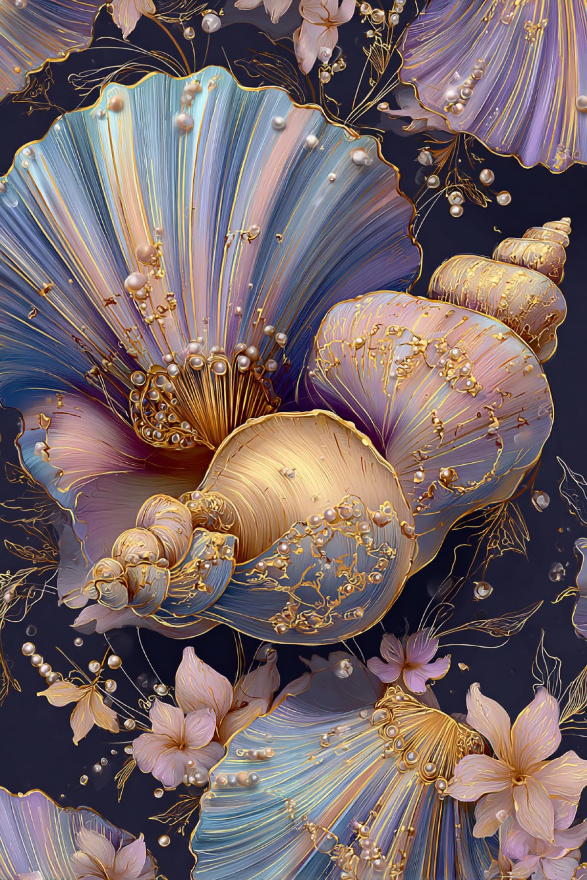 Graceful shells with smooth lines and ornaments in the spirit of Alfons Mukha. Vintage golden accents, pearl glare, floral motifs. Highly detailed illustration, the atmosphere of the fairytale ocean