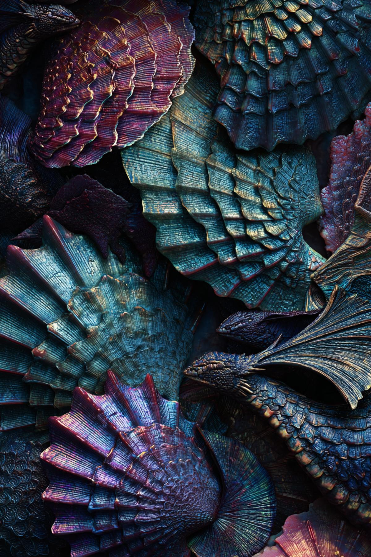 Fantastic shells in the form of miniature dragons with scaly textures, spikes and wings. Rich color palette: emerald, ruby, dark sapphire. Epic lighting, kinematographic style, spirit of magic and adventure