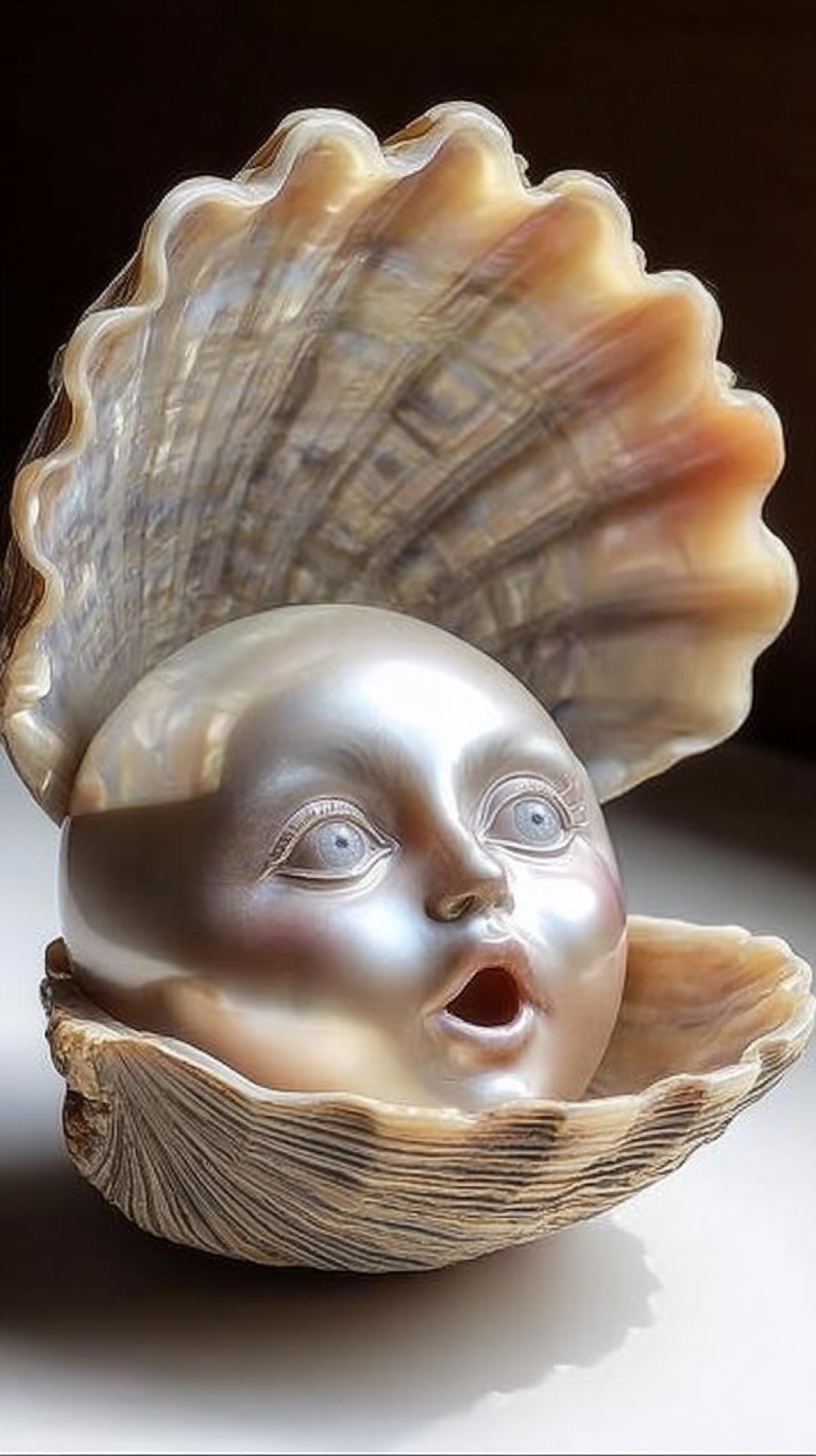 a shell with a pearl that has a face, surprise