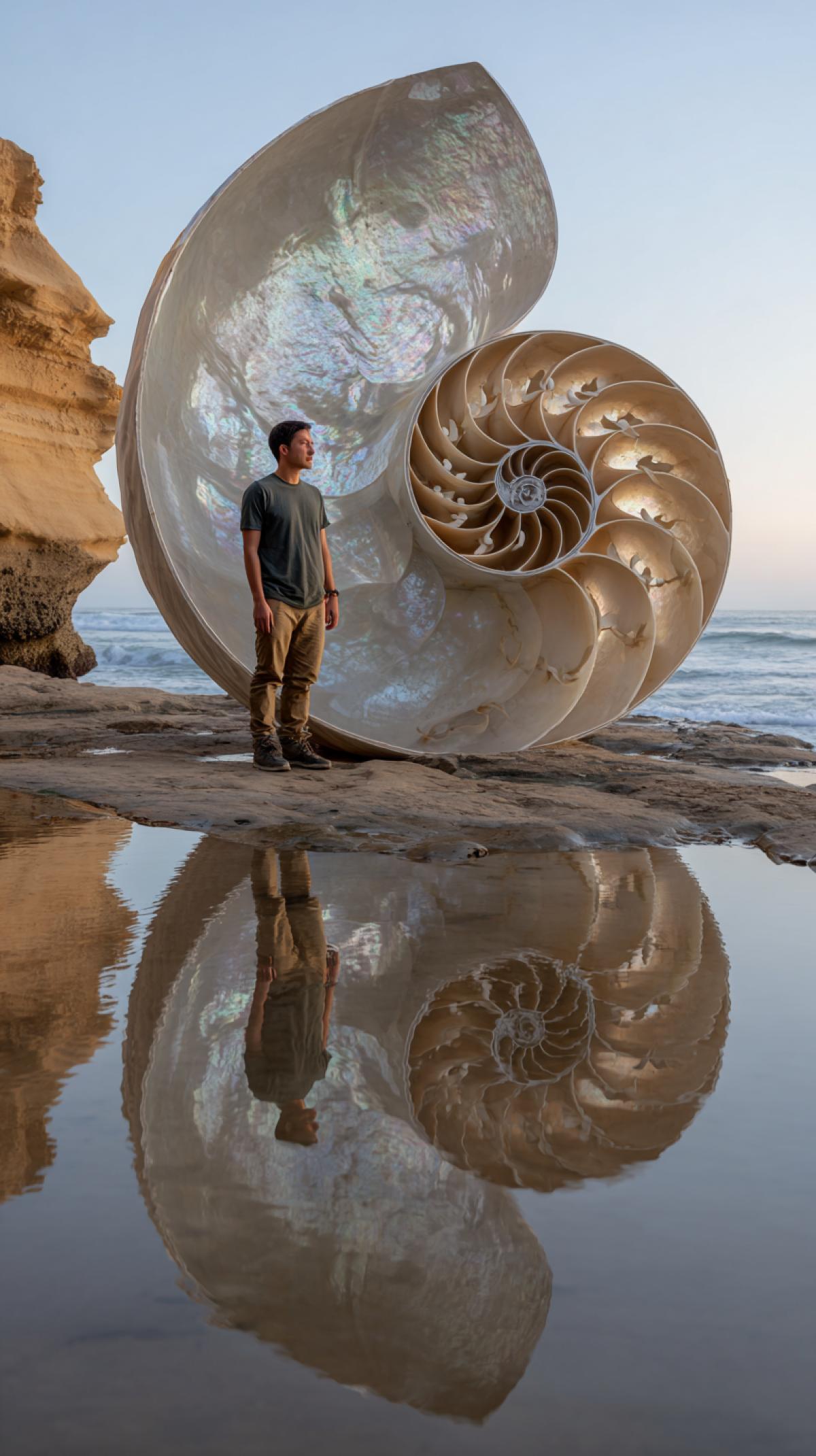 the archaeologist is standing in front of a big mother-of-pearl glass transparent Nautilus shell on the coast, the shell is enormous, and the photo