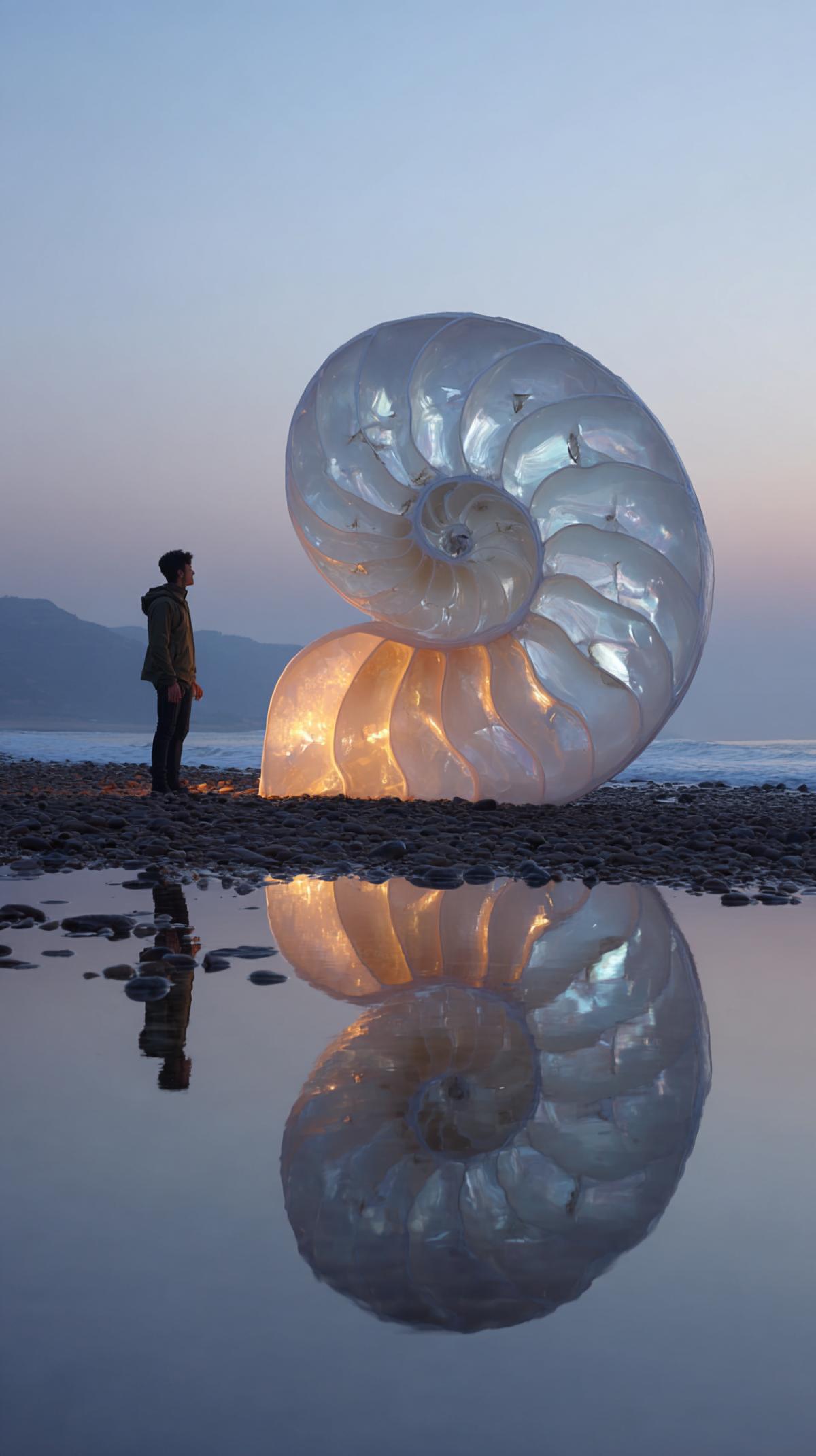 the archaeologist is standing in front of a big mother-of-pearl glass transparent Nautilus shell on the coast, the shell is enormous, and the photo