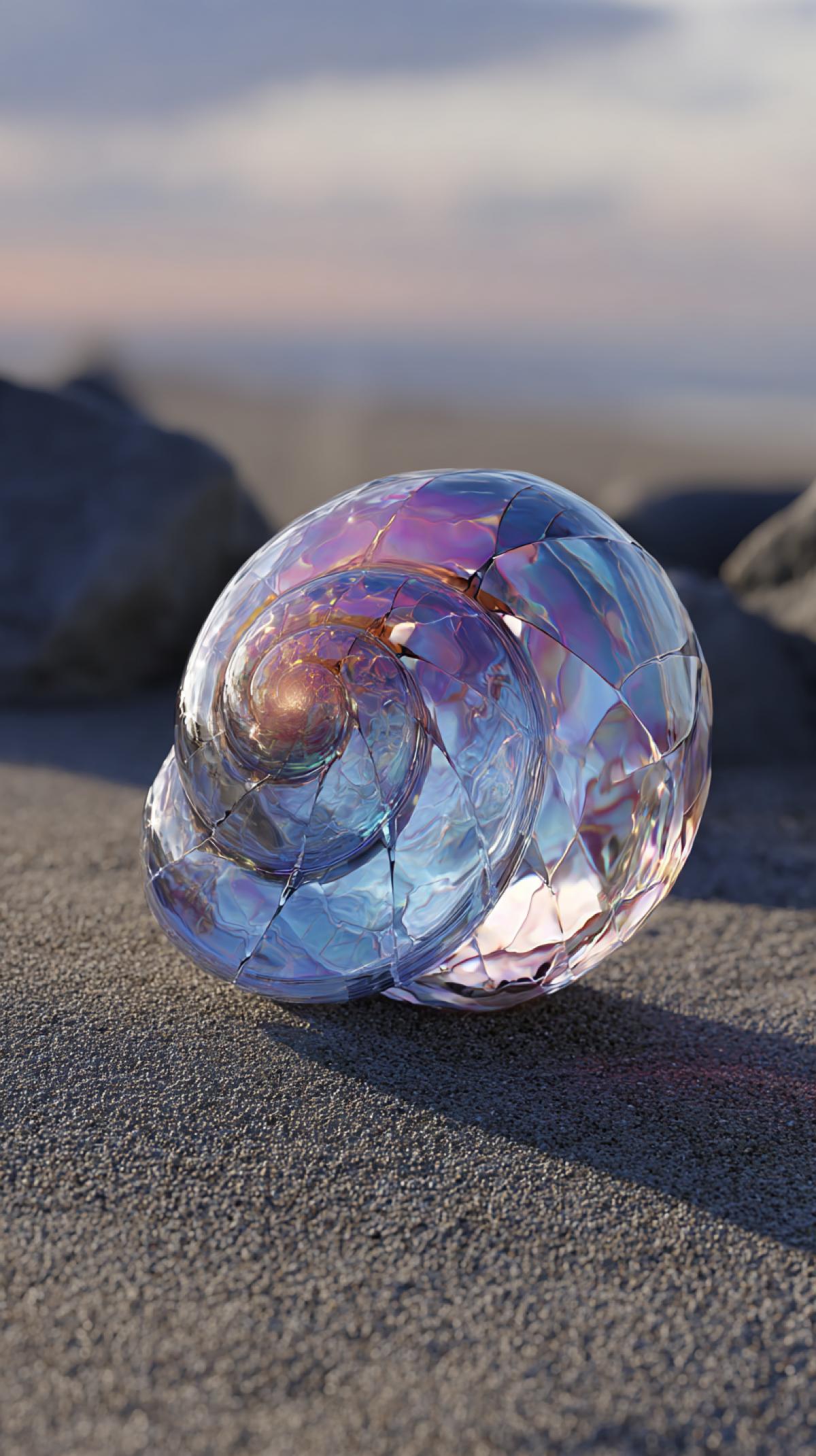 3D render of a mother-of-pearl glass transparent shell on the coast