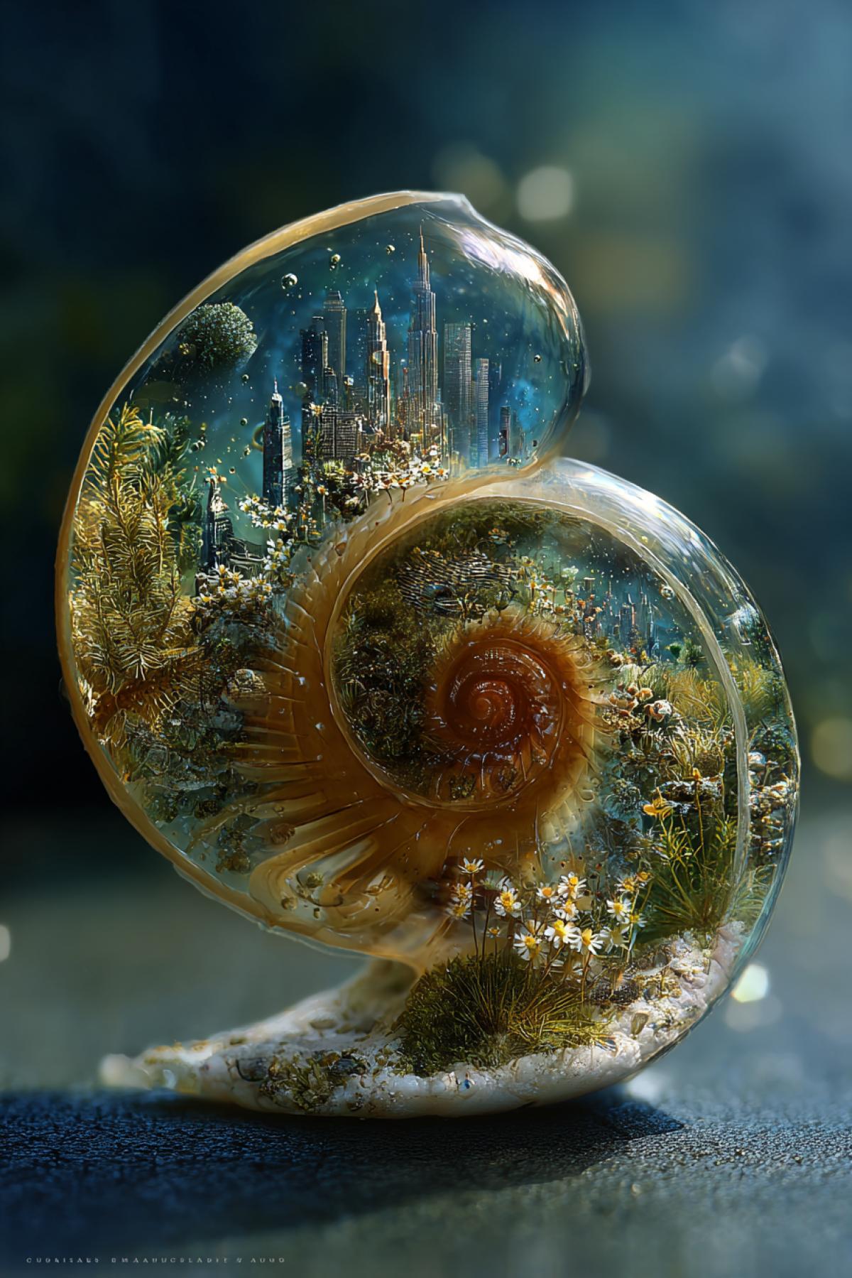 big shells, inside of which are entire worlds: miniature forests, rivers from luminous plankton, tiny cities. Textures like real mollusks, but with fantastic elements. Macrophoto with the effect \"Peace in a drop\", cinematic light, depth and scale