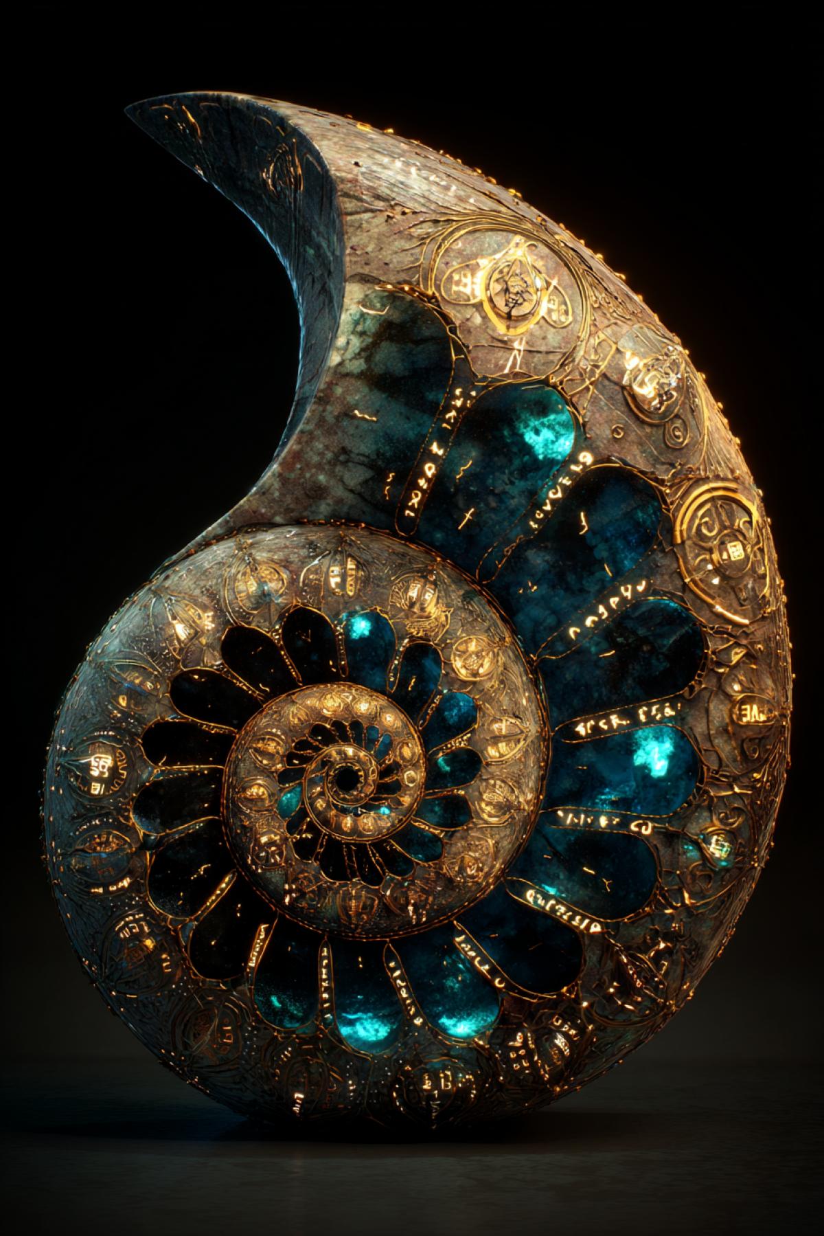 A big shell-tron, created by nature and ancient civilization. Its spiral is packed from a dark mother of pearl with veins of liquid gold, and the inside is highlighted by turquoise biolyumescent radiance. Each curl is decorated with microscopic runes telling the history of sunk kingdoms. Style dark fantasy, atmosphere of the sunken cathedral, macrophotography with cinematographic light