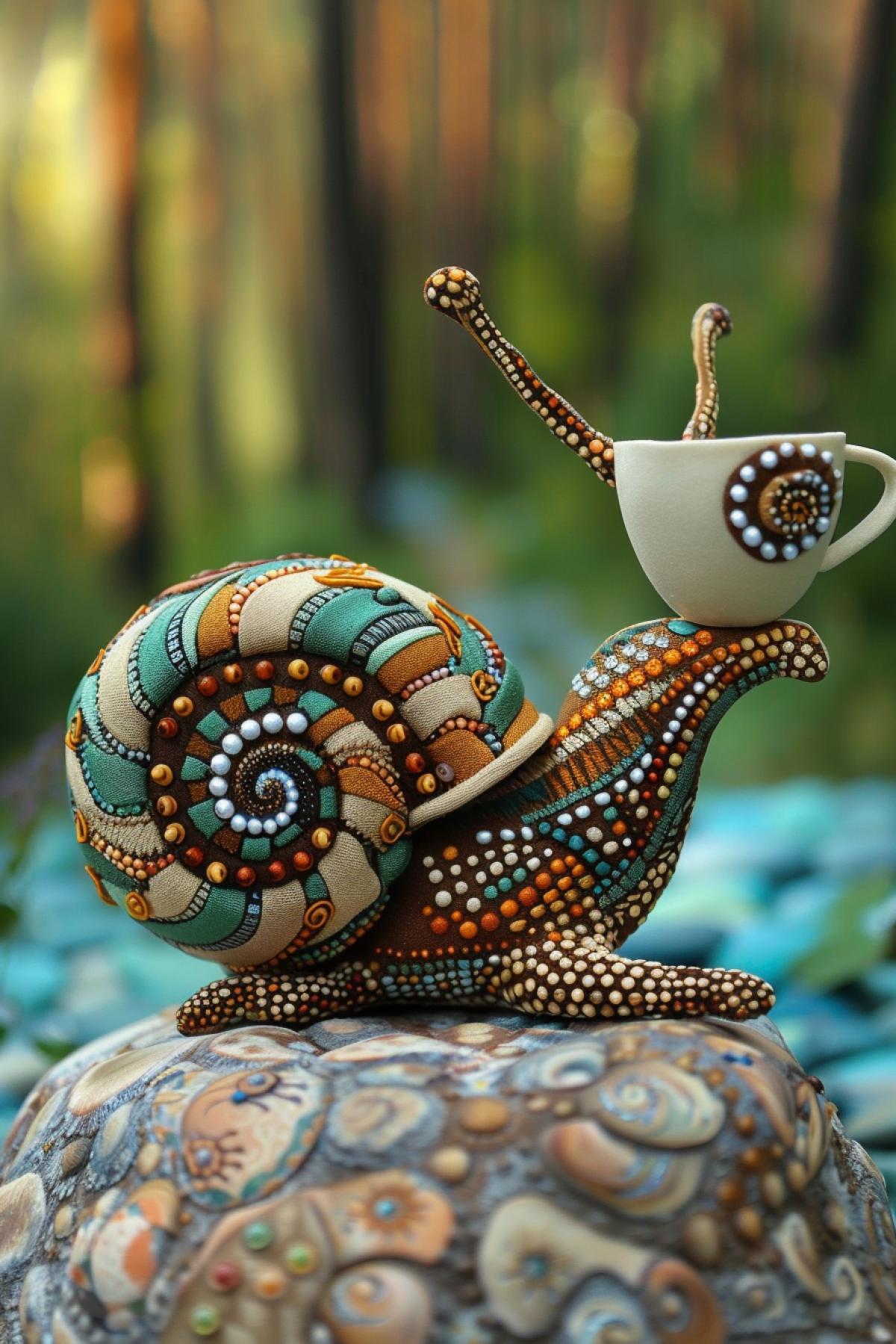 Punk Plush: Avant-garde digital style | A trendy plush snail holds a tiny cup of coffee in its paw. The snails shell is decorated with flowing mosaic patterns, recreated as beautiful organic 3D models | Botanical patterns with embroidery. Blurred background of blue-green forest with bokeh effect, emphasizing form and texture | Centered com4k, medium ground | Soft diffused lighting with subtle glossy highlights | Flowing geometry; sculptural elegance; biomorphic design.