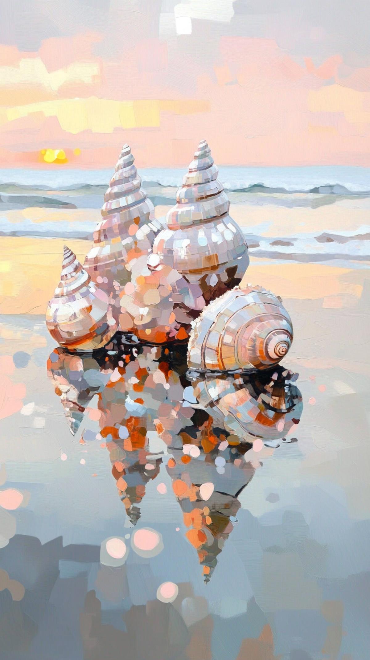 On the ocean shore, five pieces of different shapes of sea shells, rapana and mollusks, in mother-of-pearl and sun glare, serenity, macro photography, foam of water between the shells from the surf, shiny hyperrealistic art