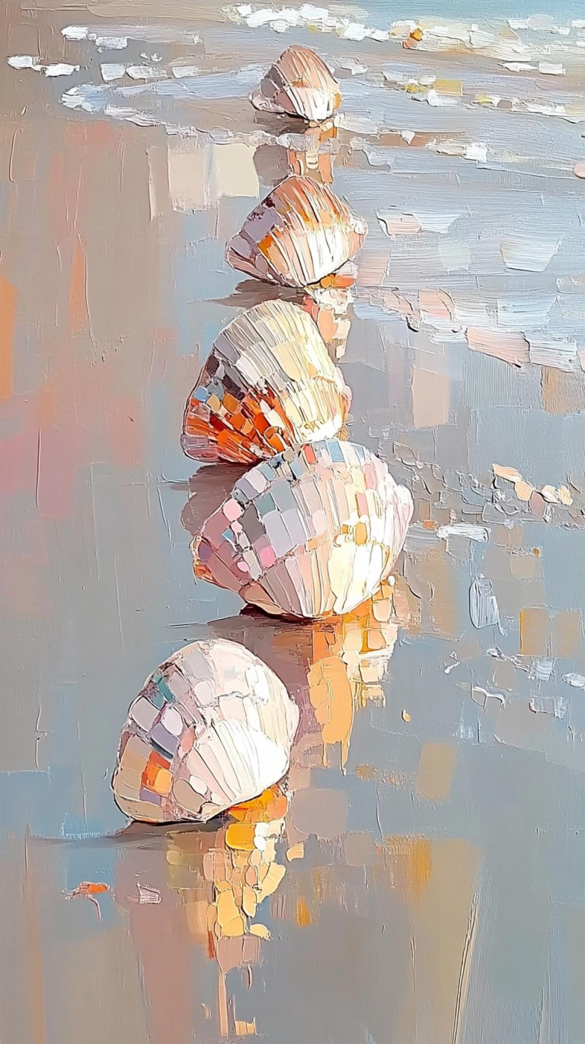 On the ocean shore, five pieces of different shapes of sea shells, rapana and mollusks, in mother-of-pearl and sun glare, serenity, macro photography, foam of water between the shells from the surf, shiny hyperrealistic art