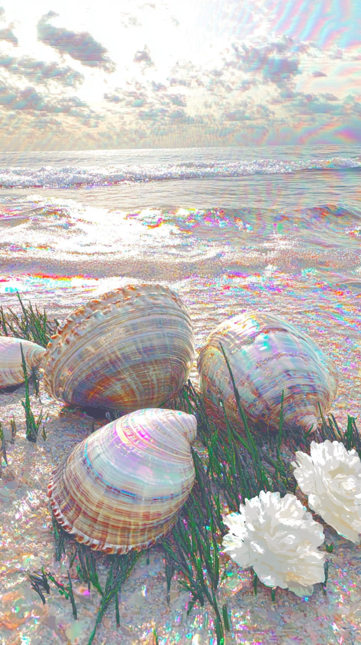 Close-up On the seashore five sea shells of different shapes, rapana and mollusks, in mother-of-pearl and sun glare, delicate grass and white coastal flowers. serenity, foam of water, velvet sand between shells from the surf, brilliant hyperrealistic art.