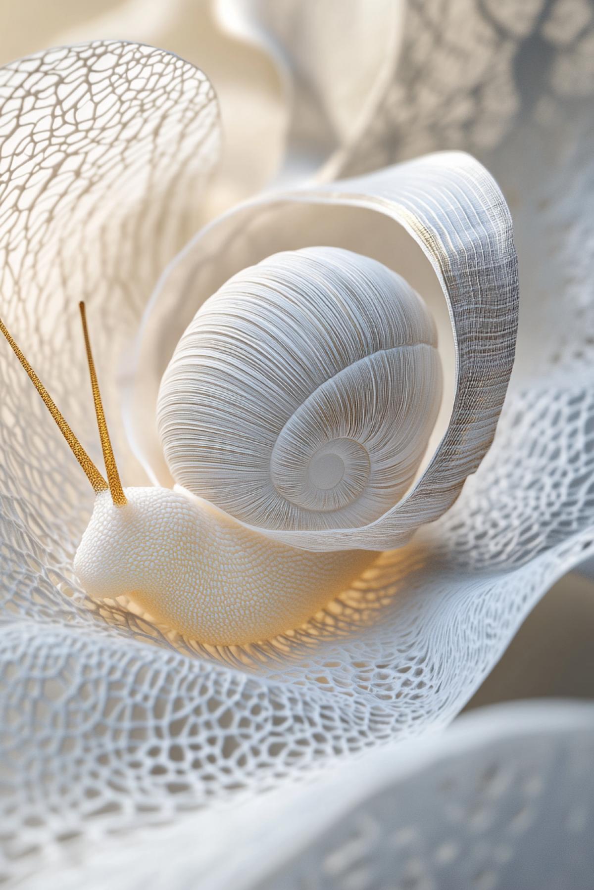 Biomechanical white snail. white color, gold thin patterns, 5D render, complex background, light tones, aesthetics, minimalism, attention to detail, 16k