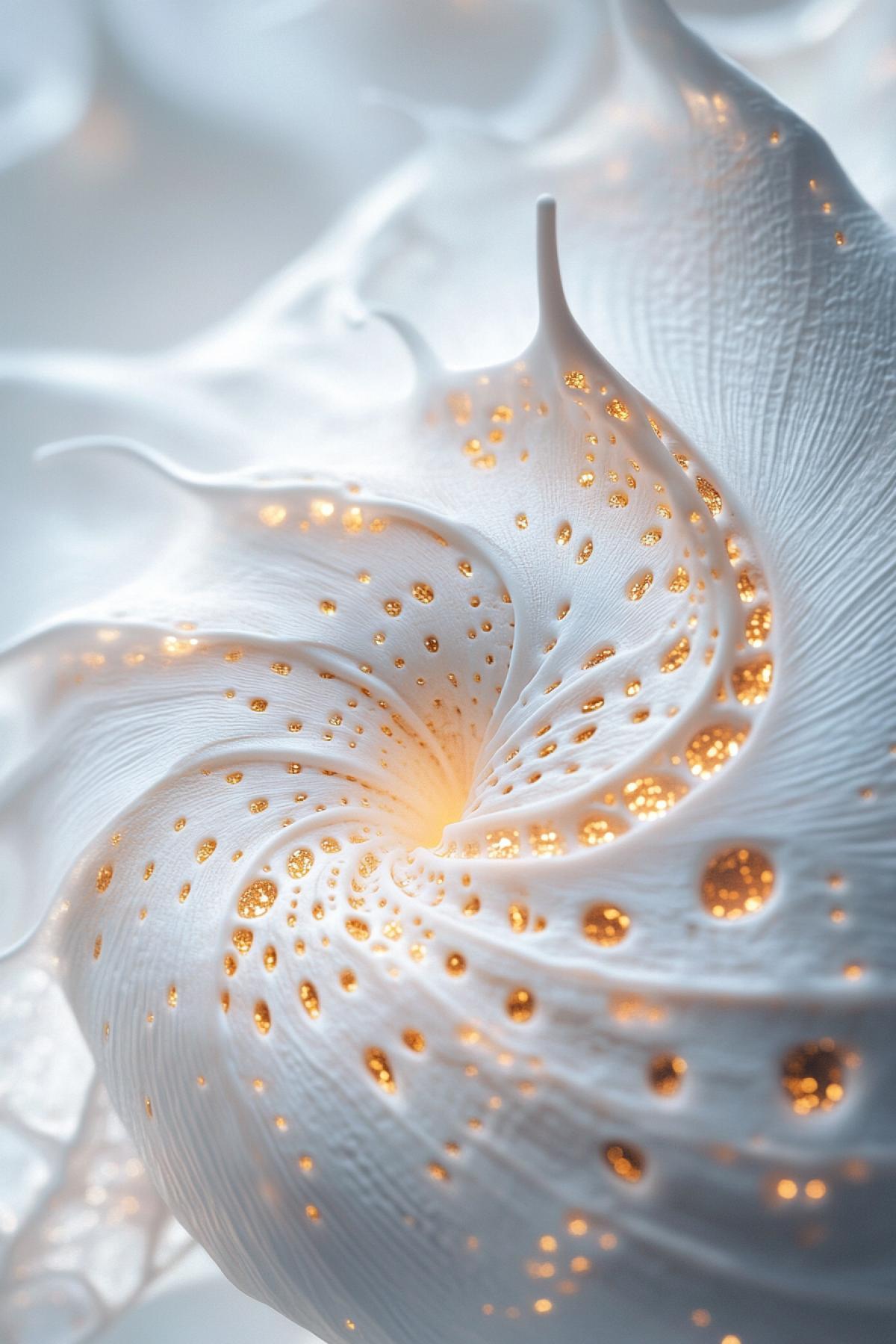 Biomechanical white snail. white color, gold thin patterns, 5D render, complex background, light tones, aesthetics, minimalism, attention to detail, 16k
