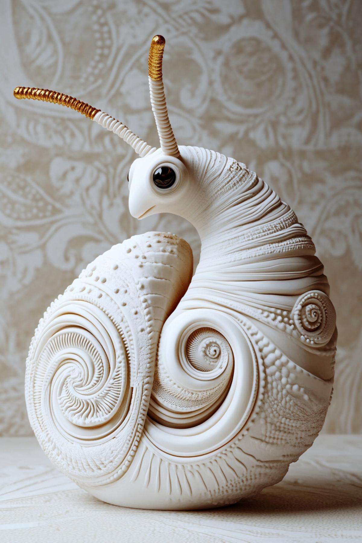 Biomechanical white snail. white color, gold thin patterns, 5D render, complex background, light tones, aesthetics, minimalism, attention to detail, 16k