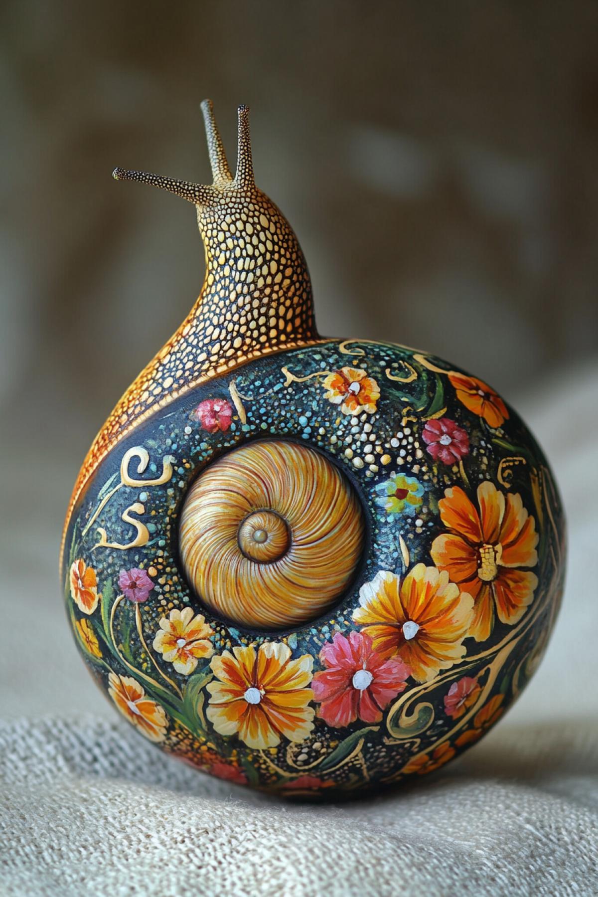 Snail, a shell with a short time is painted with Khokhloma in the rays