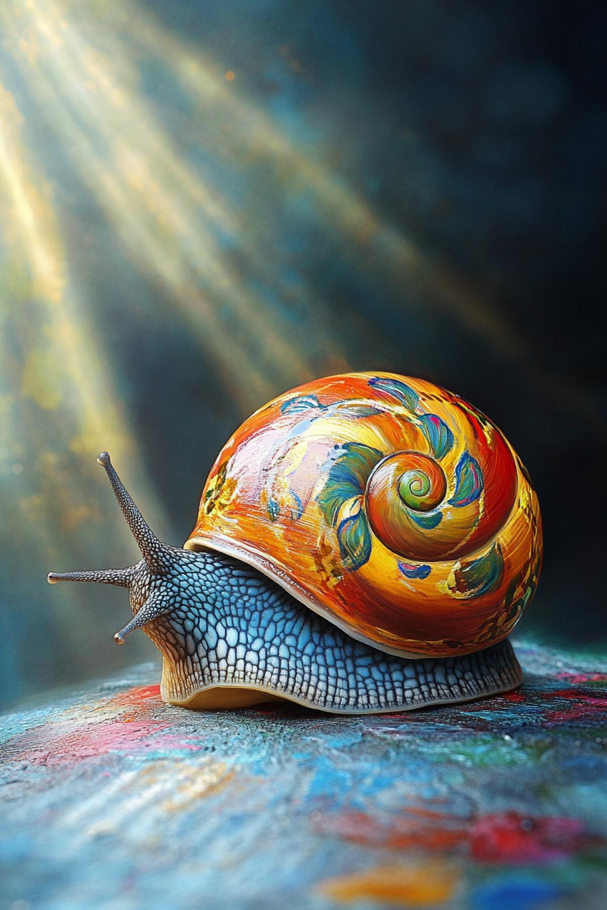 Snail, a shell with a short time is painted with Khokhloma in the rays