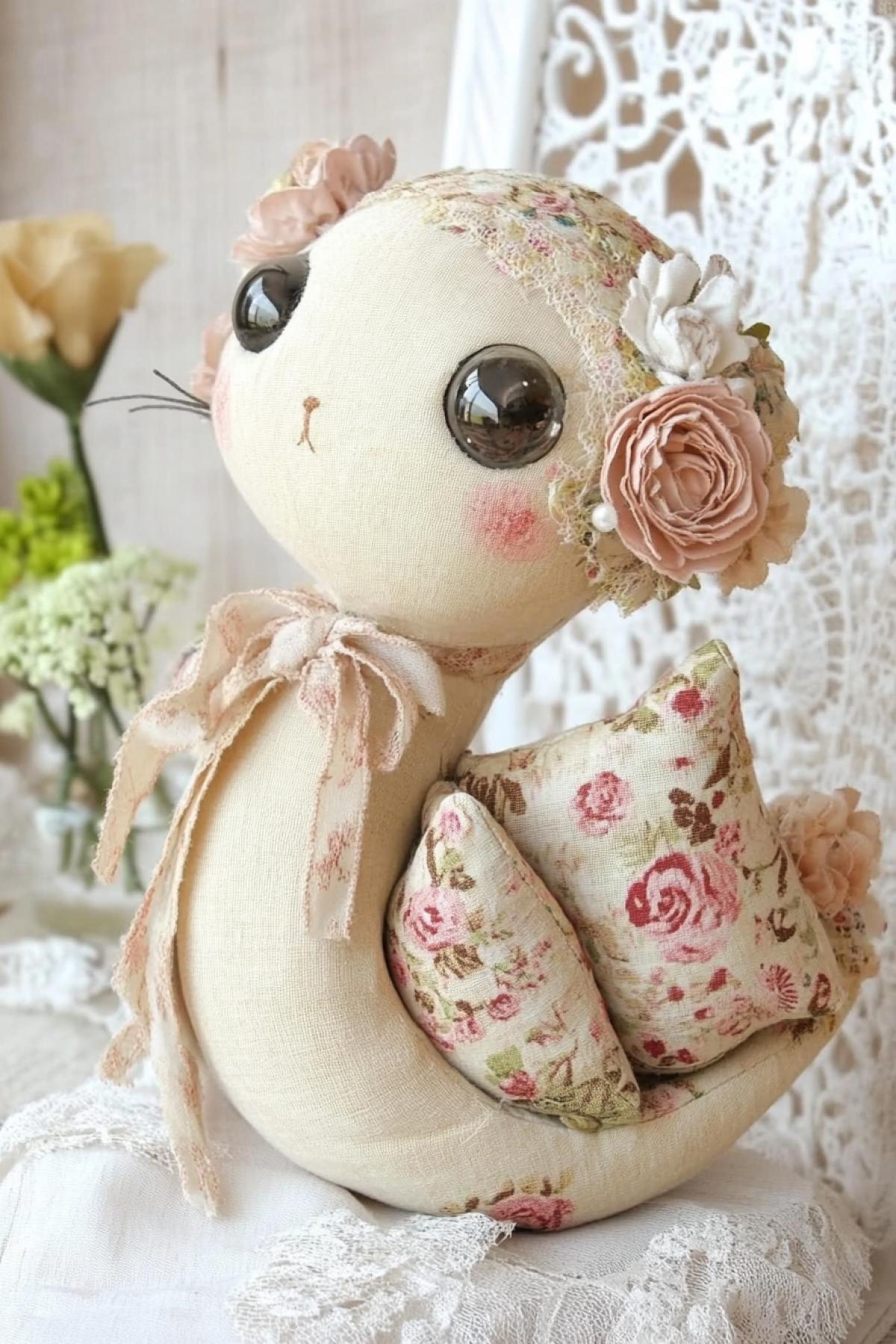 Charming snail, handmade, big shiny eyes, fluffy long eyelashes, made of thick material of bright drape and velour. On her back there are three soft fluffy pillows with embroidery and a floral print, the pillows are tied with a silk ribbon, against the background of a white openwork napkin