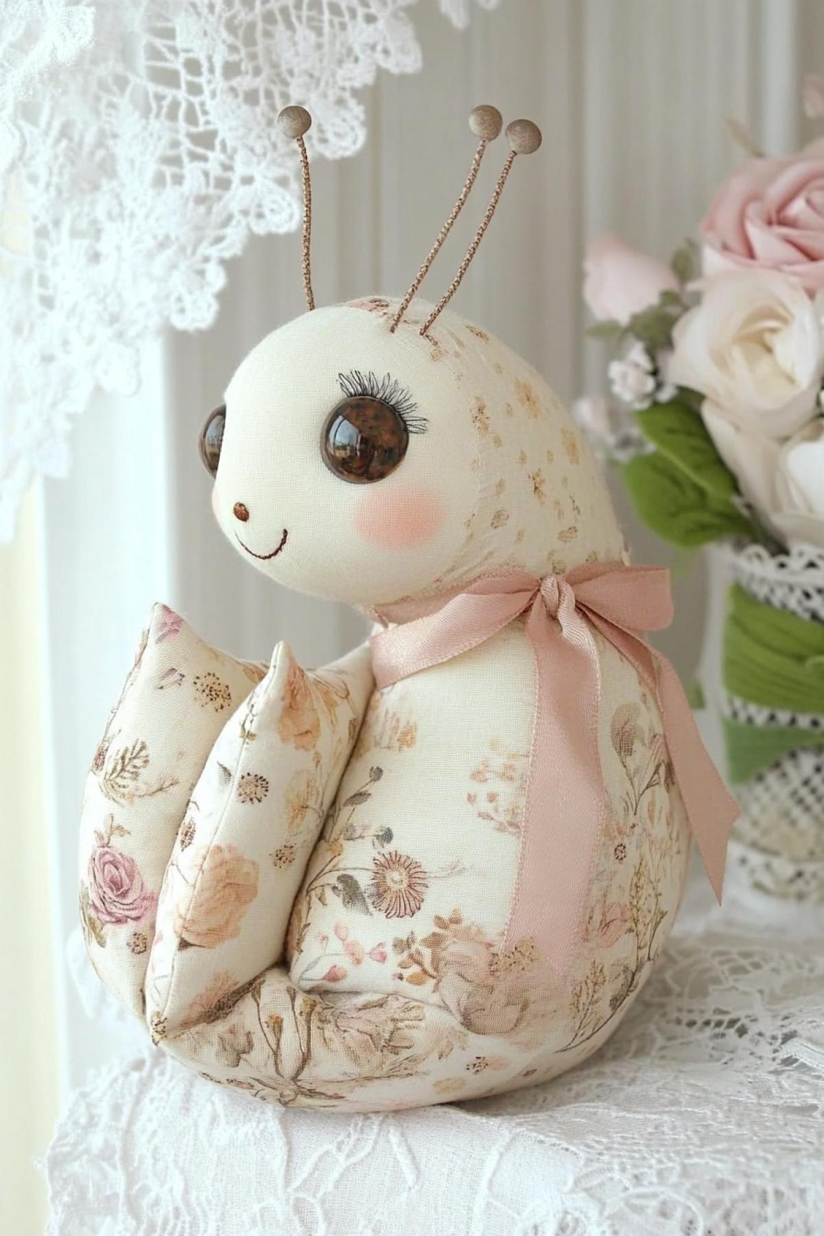 Charming snail, handmade, big shiny eyes, fluffy long eyelashes, made of thick material of bright drape and velour. On her back there are three soft fluffy pillows with embroidery and a floral print, the pillows are tied with a silk ribbon, against the background of a white openwork napkin