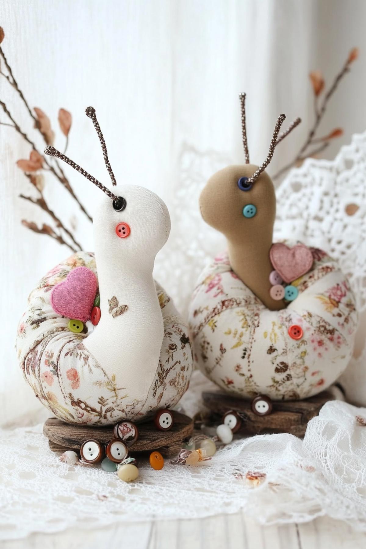Two charming snails, made of thick drape and velour material, on button-wheels. They have soft little pillows on their backs, a sewn heart, multi-colored buttons sewn on, with embroidery, lace and floral print, pillows tied with silk ribbon, stage decoration with thin autumn branches, against the background of a white openwork napkin