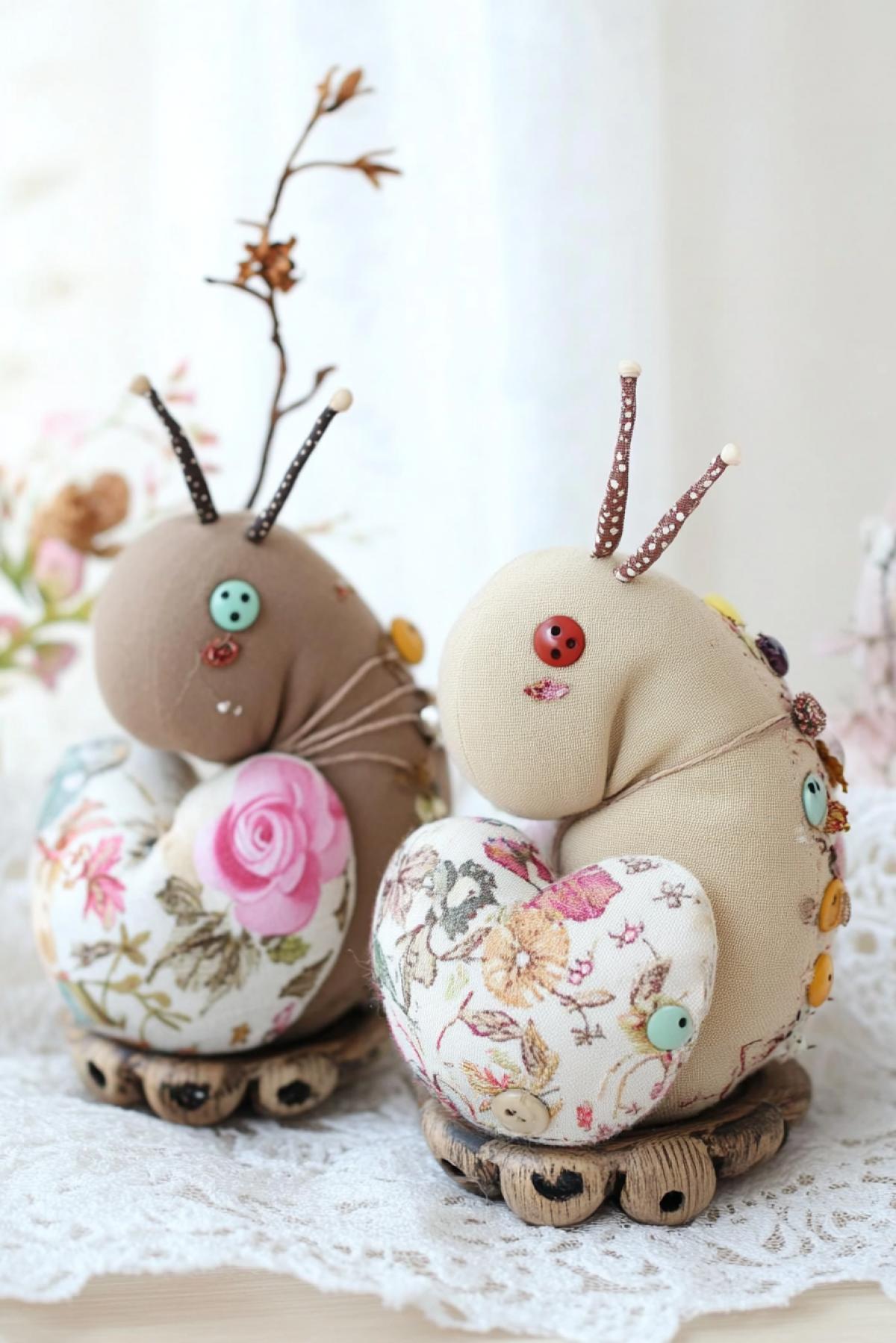 Two charming snails, made of thick drape and velour material, on button-wheels. They have soft little pillows on their backs, a sewn heart, multi-colored buttons sewn on, with embroidery, lace and floral print, pillows tied with silk ribbon, stage decoration with thin autumn branches, against the background of a white openwork napkin