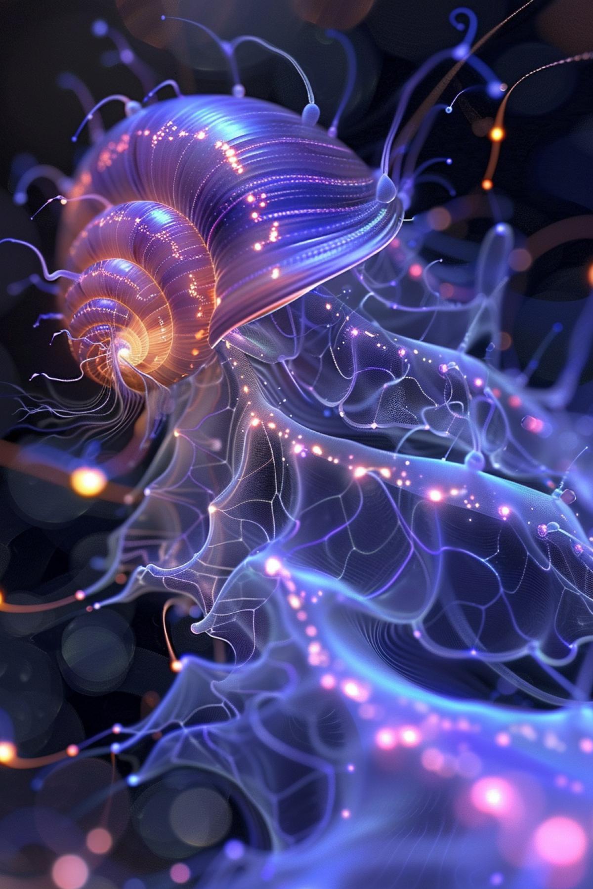 Biocybernetic mysticism | Plasma vortex a luminescent snail with a pulsating energetic aura, combining neuroscience, quantum mechanics and organic beauty | Ethereal space with floating spheres and particle streams | Close-up macro photography with flowing fabric and transitions in constant flow | Bioluminescent glow with electric arcs, inner glow and prismatic refractions | Fashion lines; spirals; crystal accessories ar 4:5 v 7 stylize 600
