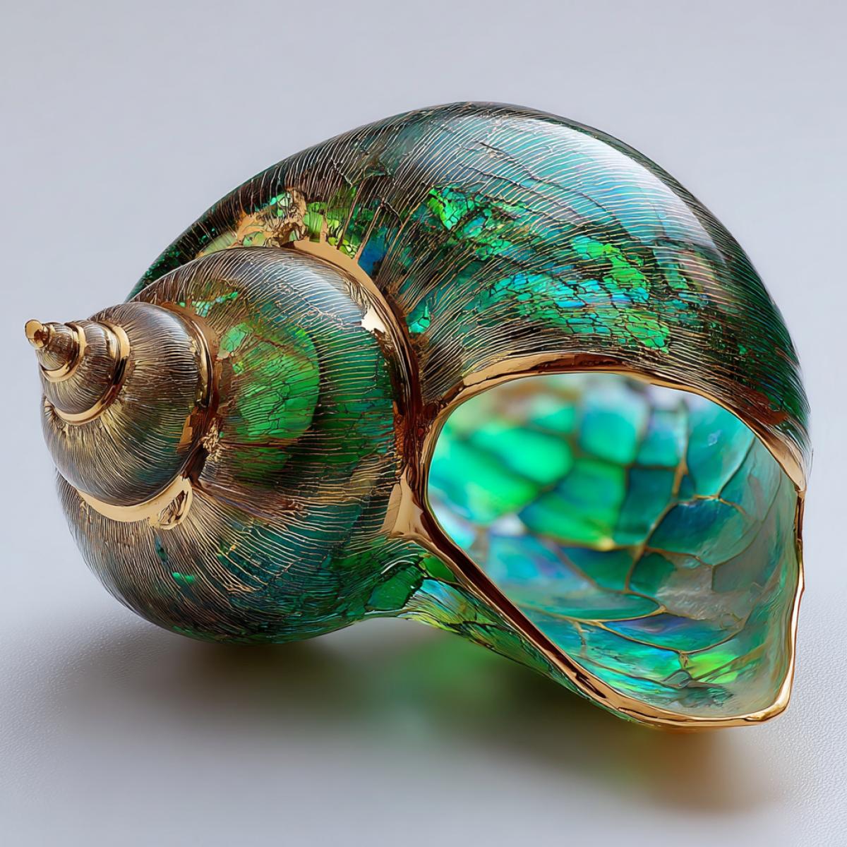 A shell of extraordinary beauty. In emerald, gold shades. Futurism