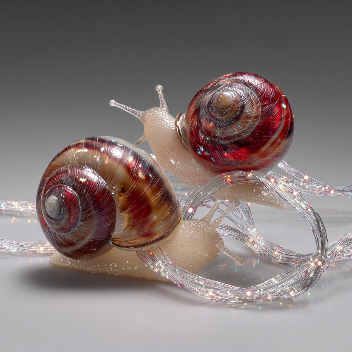 two snails in colors motion encapsulated in looped crystal strands, dynamic contouring, layered transparent textures, deep velvet reds, opalescent ivory, rare fiber-art fusion, post-modern biomorphic sculpture, cinematic grayscale backdrop