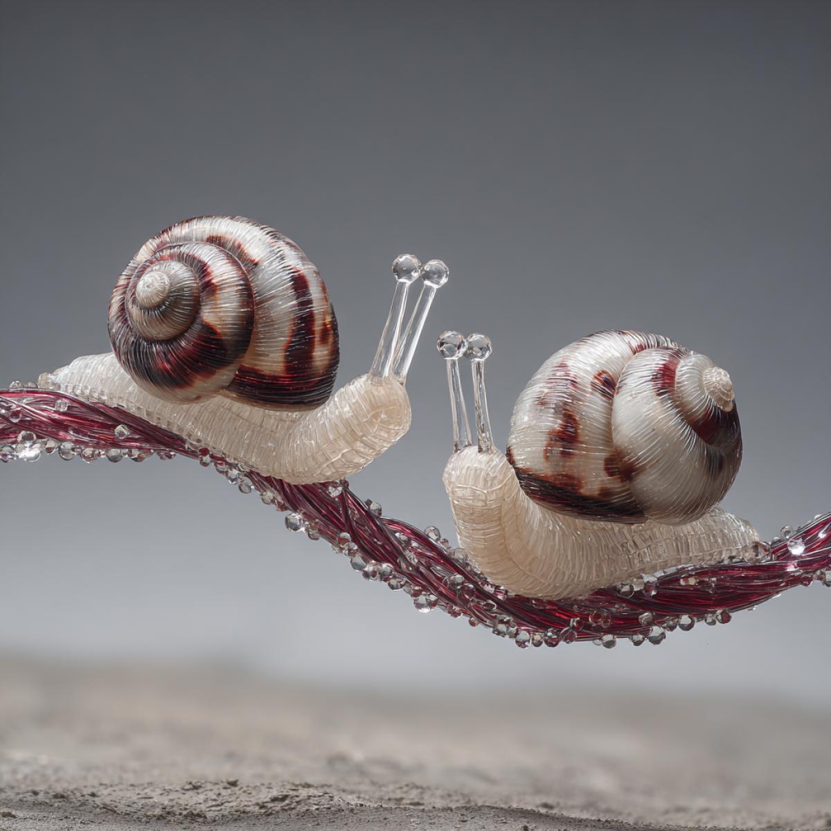 two snails in colors motion encapsulated in looped crystal strands, dynamic contouring, layered transparent textures, deep velvet reds, opalescent ivory, rare fiber-art fusion, post-modern biomorphic sculpture, cinematic grayscale backdrop