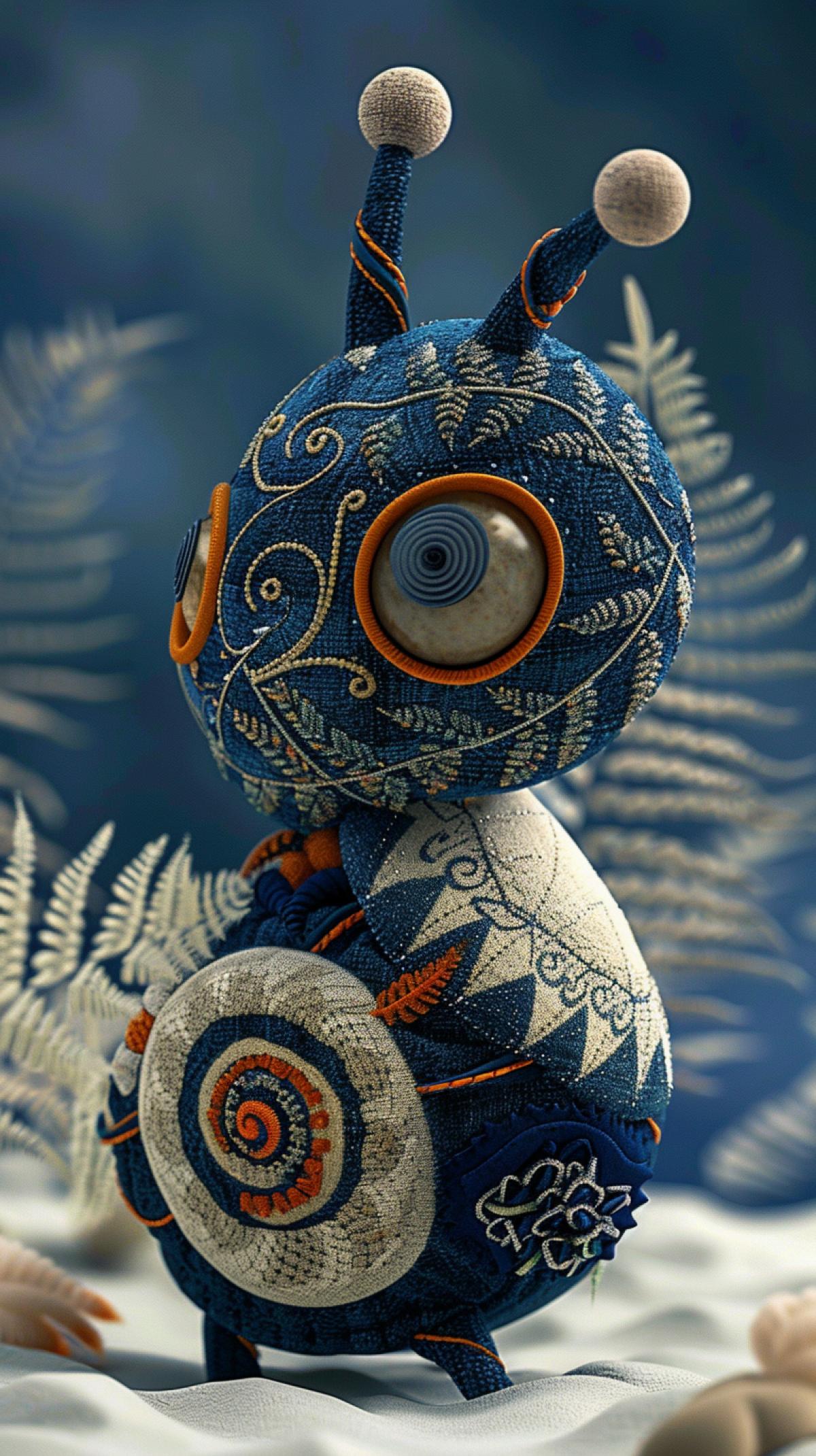 Punk Plush: Avant-garde digital style | Trendy plush snail. The snail shell is decorated with fluid mosaic patterns, recreated as beautiful organic 3D models | Botanical patterns with embroidery. Blurred background with fern leaves with a bokeh effect, emphasizing the form and texture | Centered com4k, medium ground | Soft diffused lighting with subtle glossy highlights | Flowing geometry; sculptural elegance; biomorphic design.