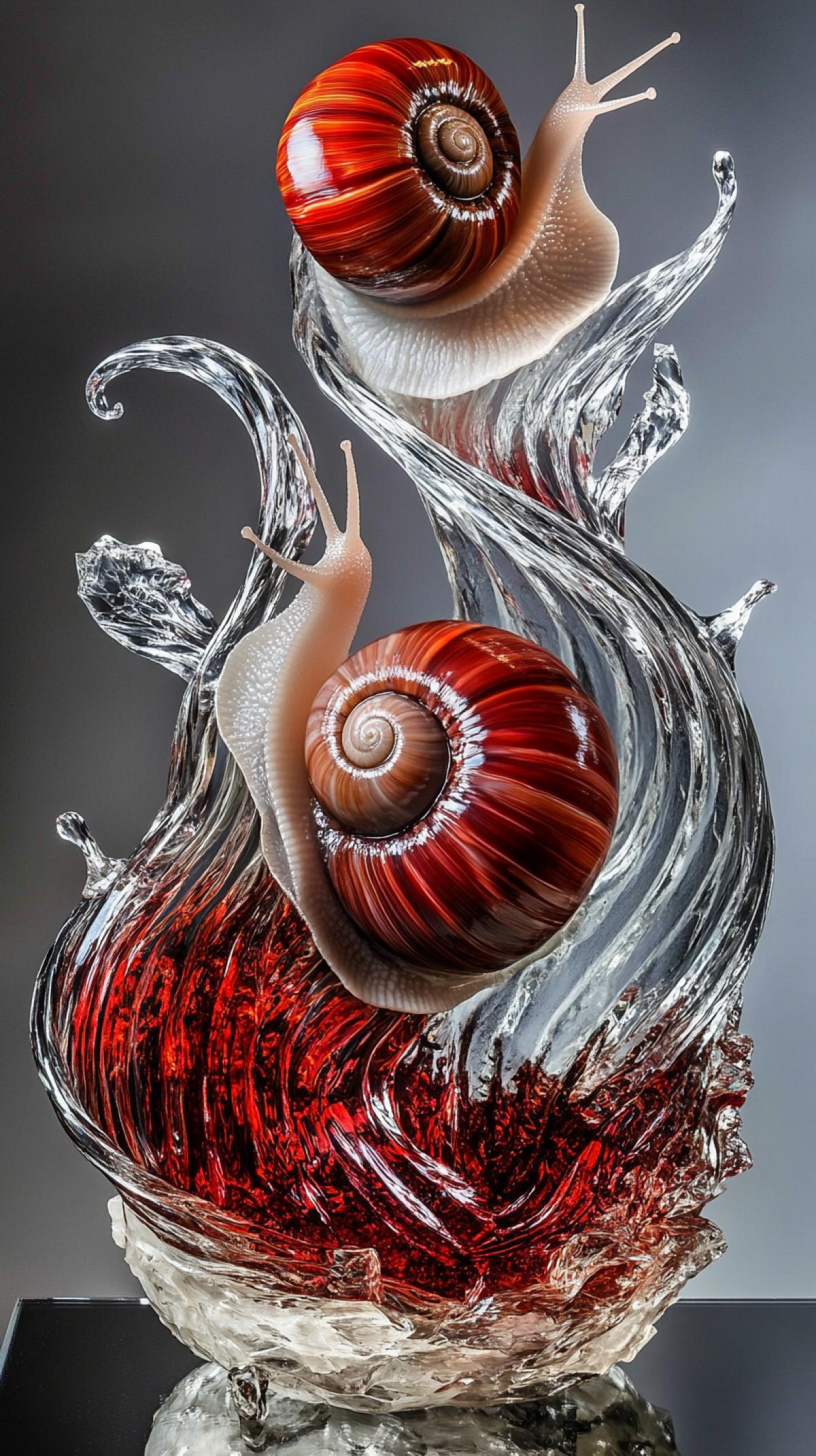two snails in colors motion encapsulated in looped crystal strands, dynamic contouring, layered transparent textures, deep velvet reds, opalescent ivory, rare fiber-art fusion, post-modern biomorphic sculpture, cinematic grayscale backdrop