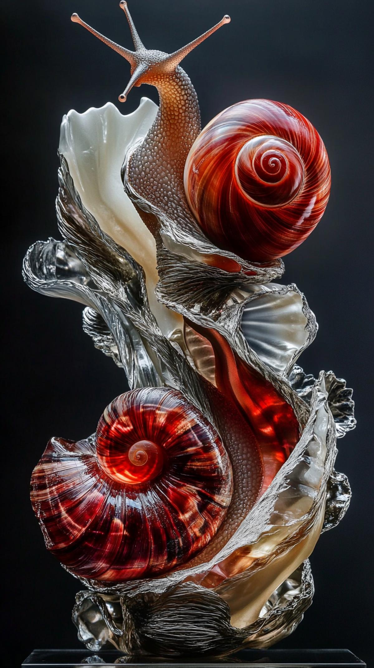 two snails in colors motion encapsulated in looped crystal strands, dynamic contouring, layered transparent textures, deep velvet reds, opalescent ivory, rare fiber-art fusion, post-modern biomorphic sculpture, cinematic grayscale backdrop