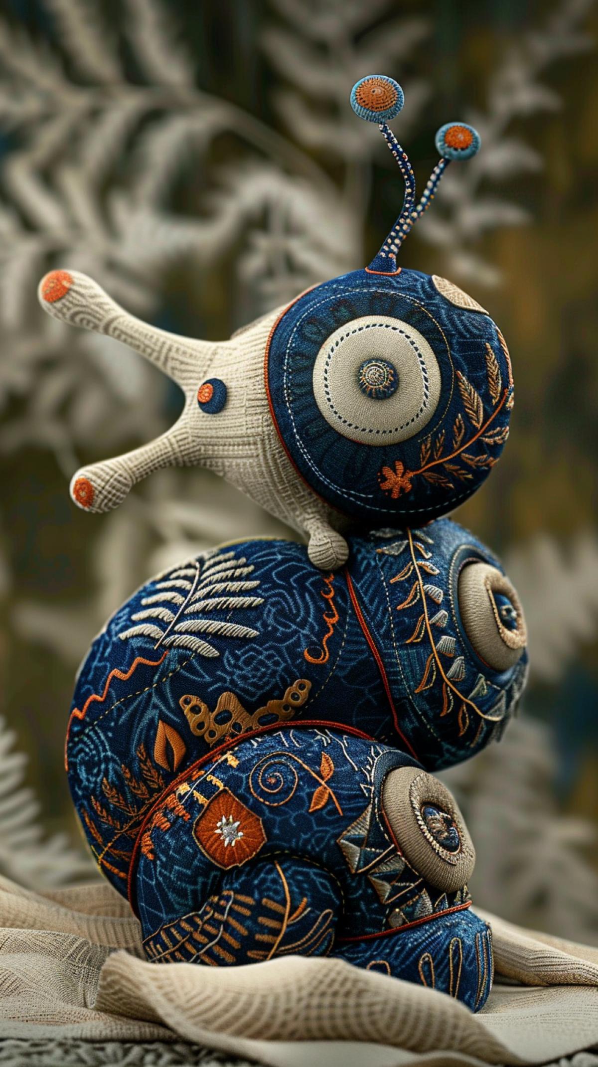 Punk Plush: Avant-garde digital style | Trendy plush snail. The snail shell is decorated with fluid mosaic patterns, recreated as beautiful organic 3D models | Botanical patterns with embroidery. Blurred background with fern leaves with a bokeh effect, emphasizing the form and texture | Centered com4k, medium ground | Soft diffused lighting with subtle glossy highlights | Flowing geometry; sculptural elegance; biomorphic design.