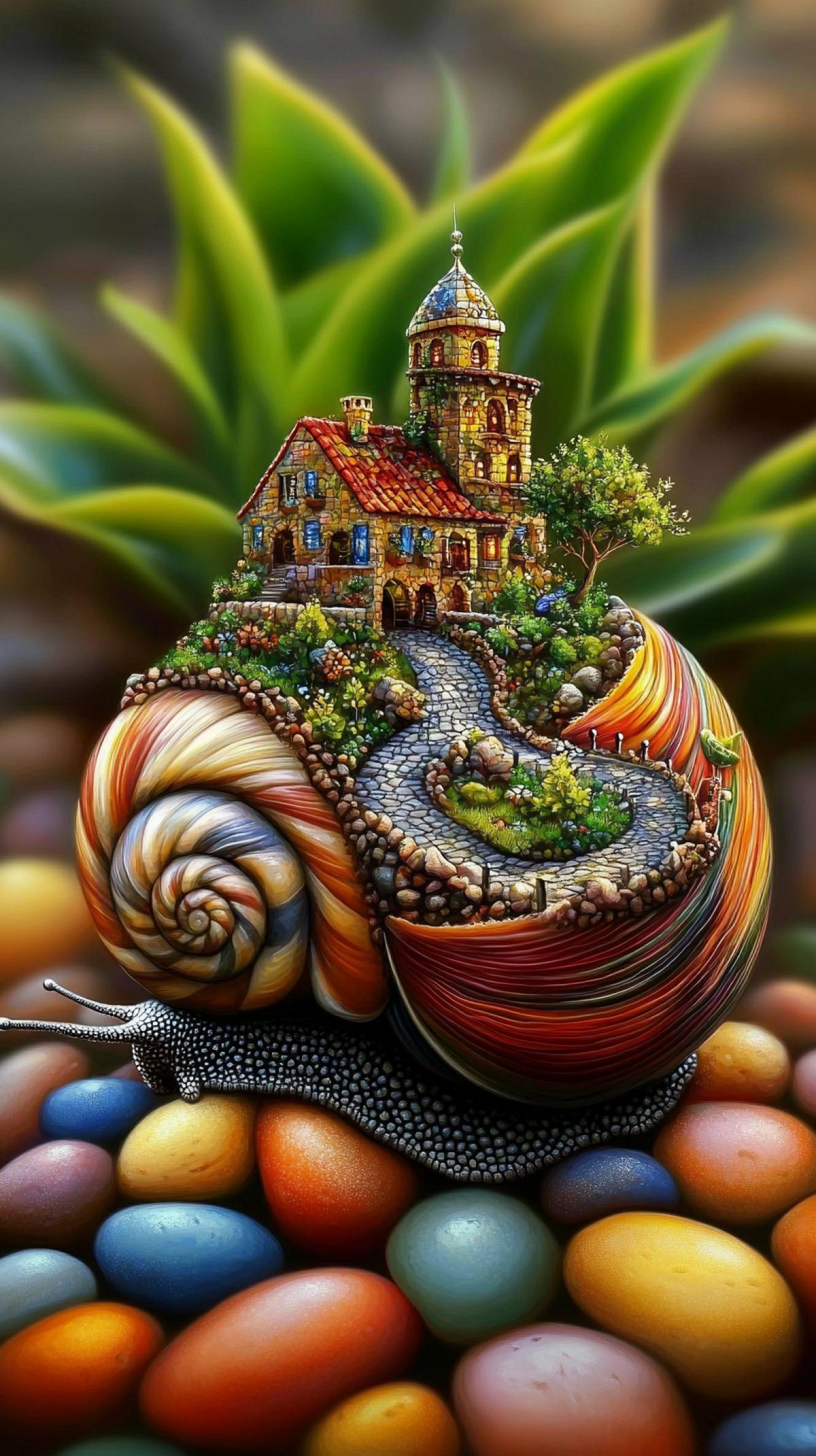 hyperrealistic, a snail with a patterned, sparkling town in its shell on its back, with trees and bridges, against a background of multi-colored pebbles and dracaena leaves