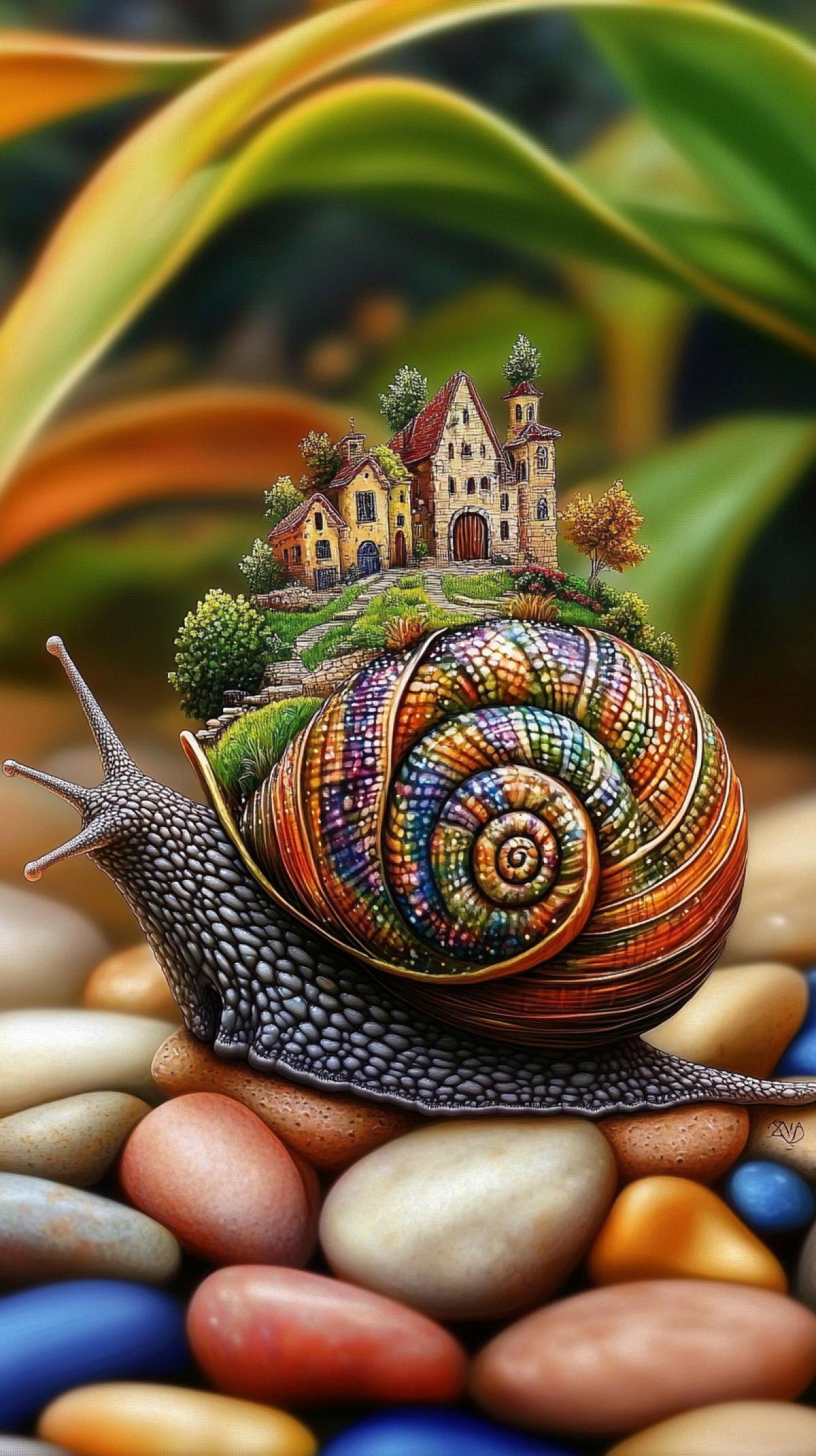 hyperrealistic, a snail with a patterned, sparkling town in its shell on its back, with trees and bridges, against a background of multi-colored pebbles and dracaena leaves