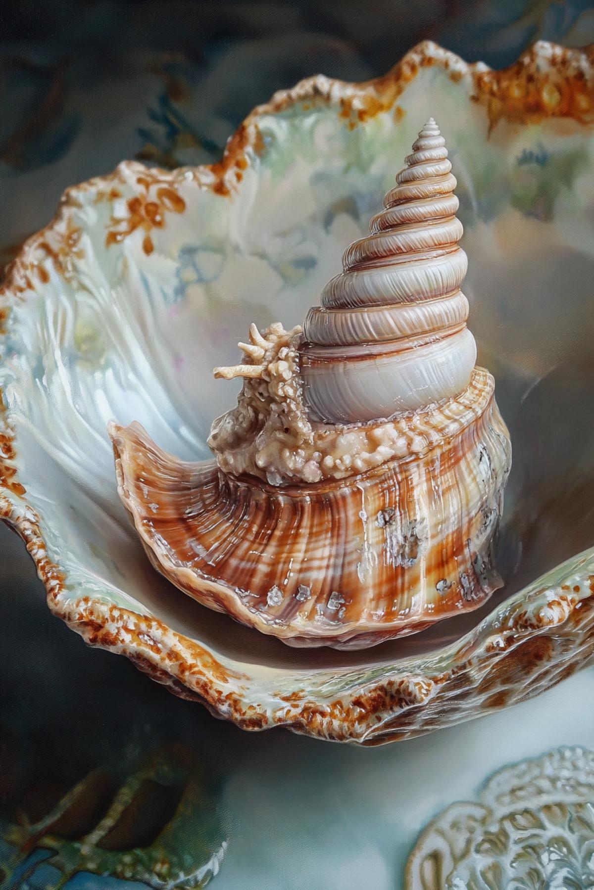 The elegant mollusk-rapan on the seashore, its porcelain sink is made by a painting in the style of Khokhlom. Hyperrealist, closeup, side